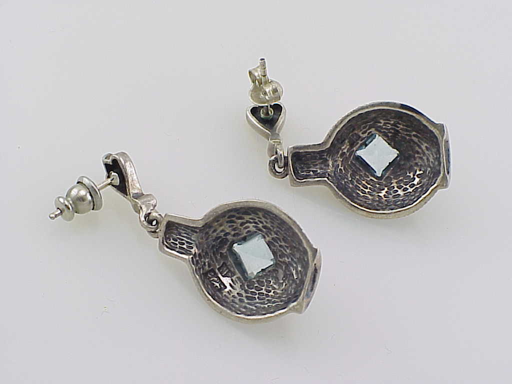 Dangling Signed Sterling Silver Bottle Blue Topaz Pierced Earrings