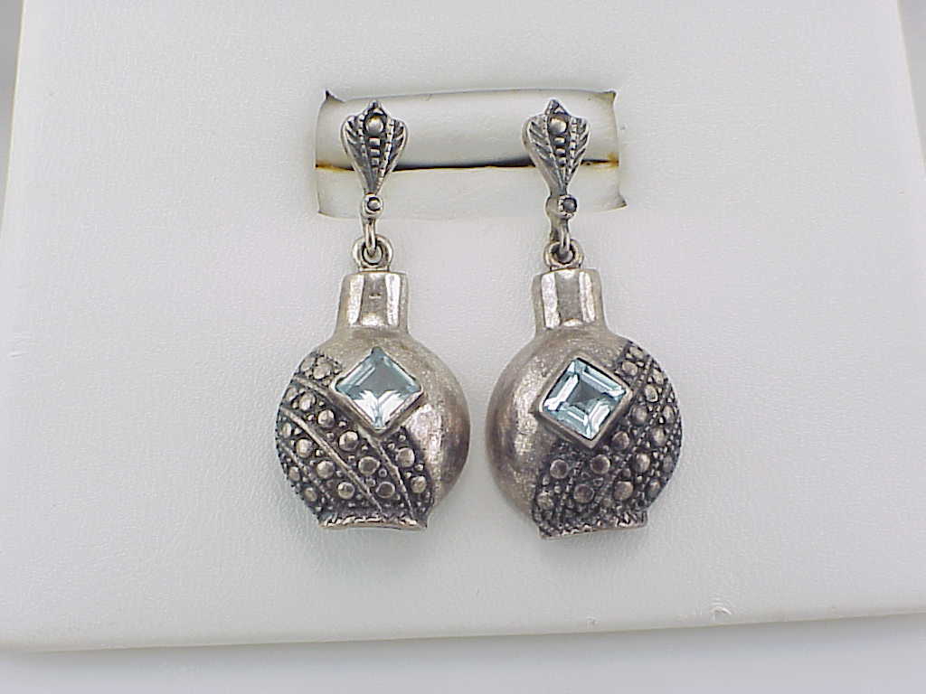 Dangling Signed Sterling Silver Bottle Blue Topaz Pierced Earrings