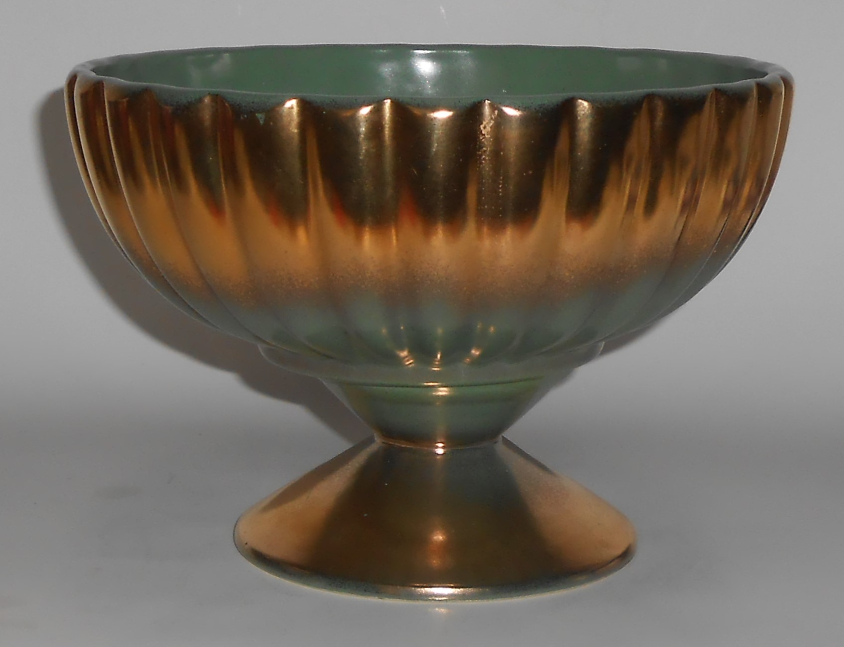 Bauer Pottery Tracy Irwin Green W/Gold Pumpkin Compote