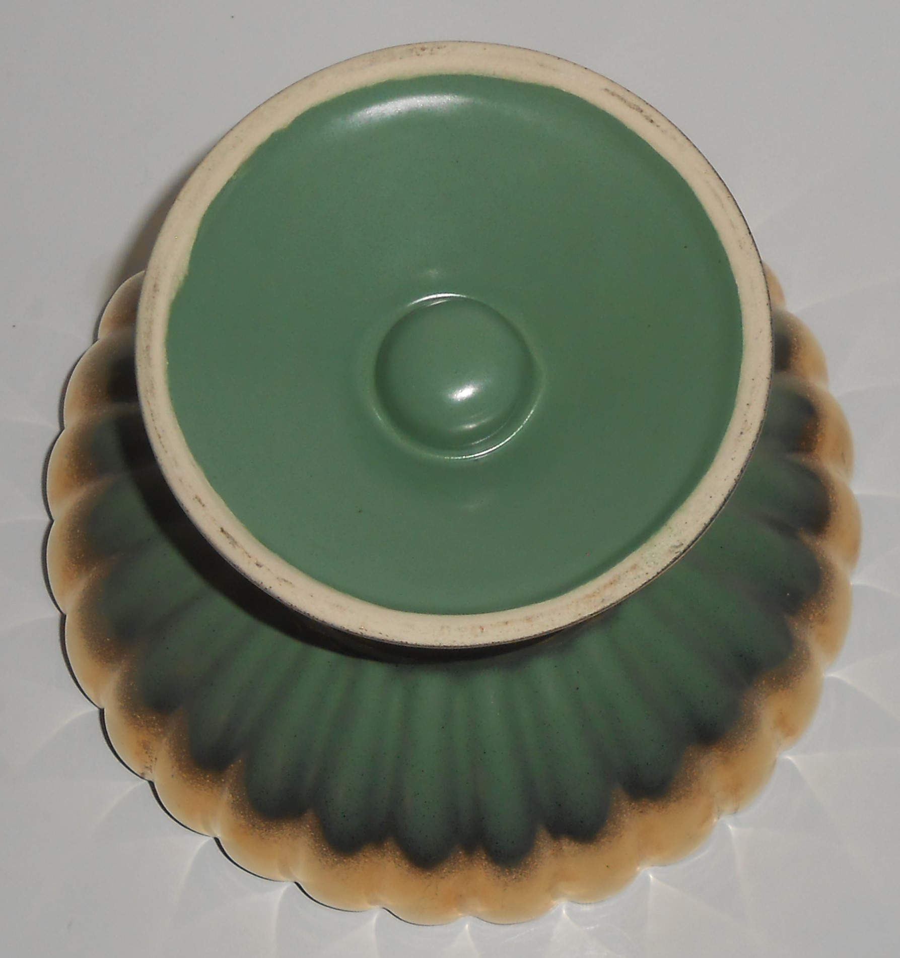 Bauer Pottery Tracy Irwin Green W/Gold Pumpkin Compote