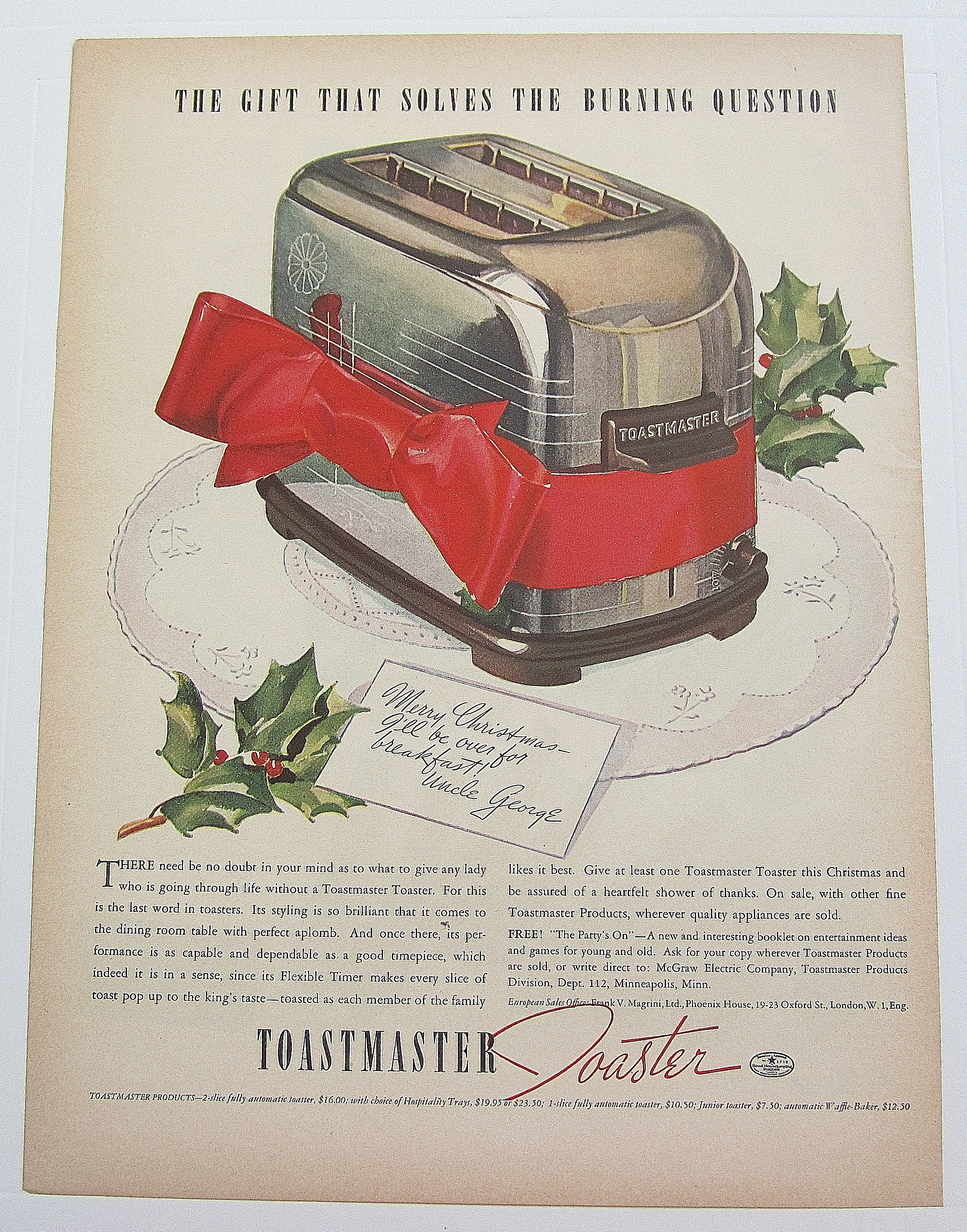 1937 ToastMaster Toaster With Christmas Card