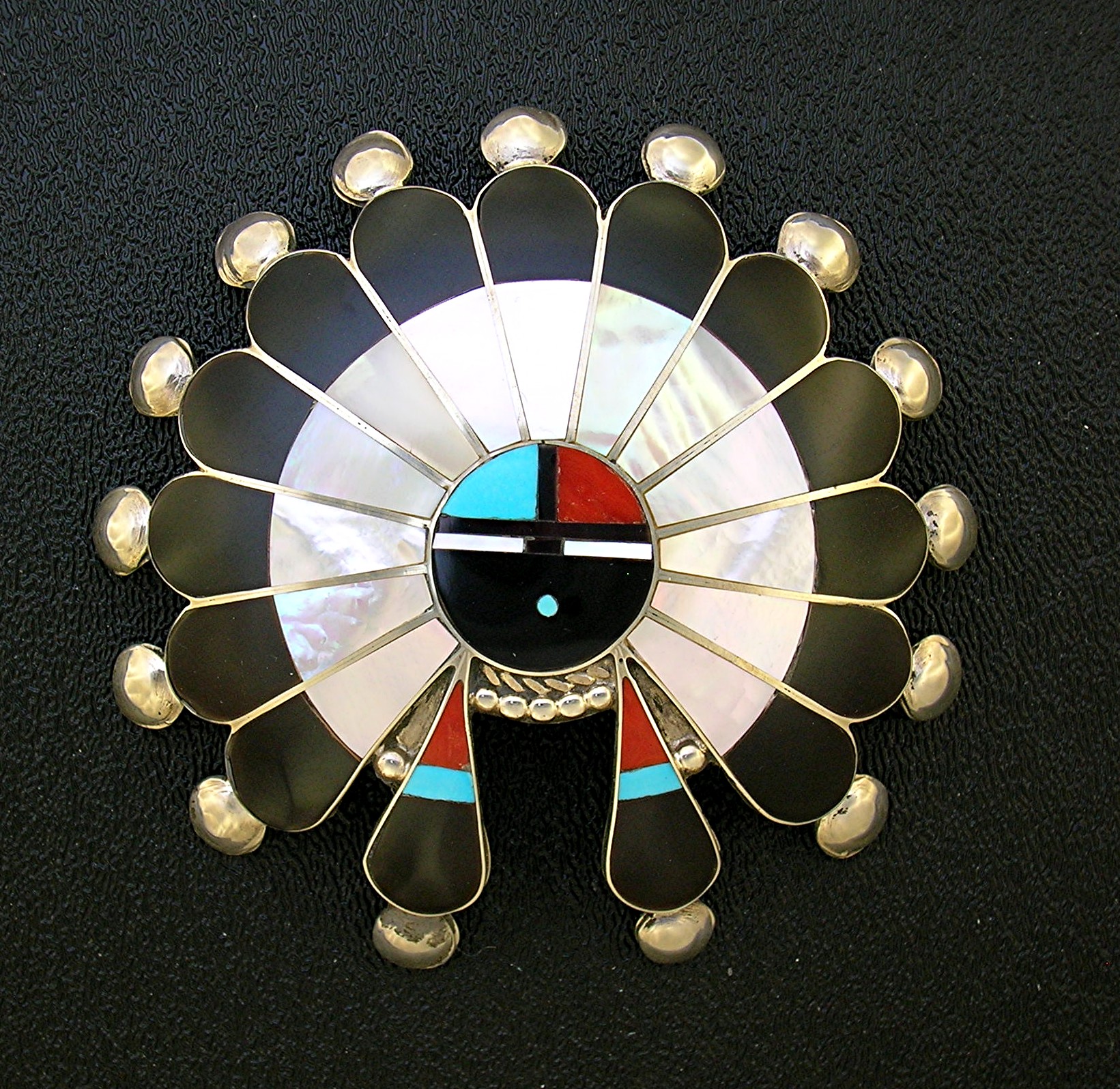 Zuni Sterling Silver Onyx Turquoise Coral Pin