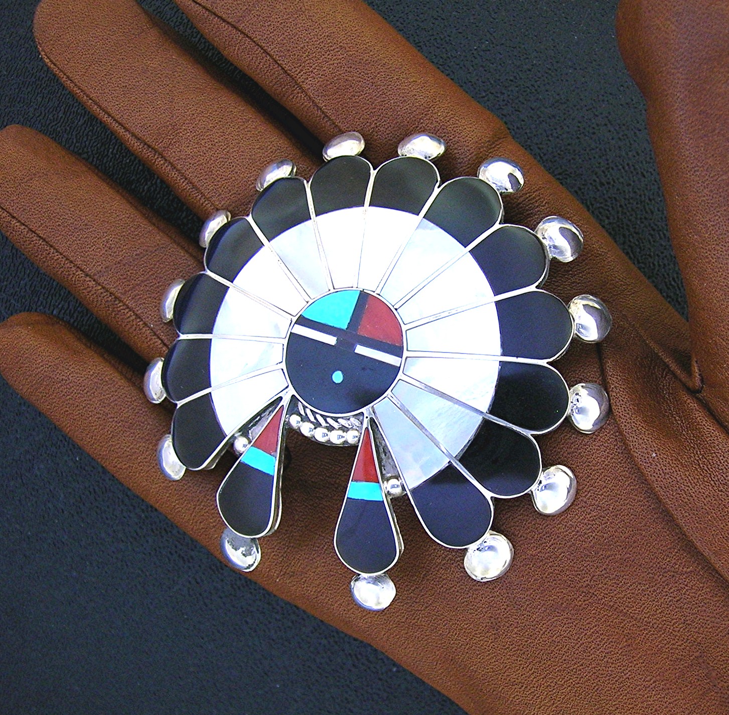 Zuni Sterling Silver Onyx Turquoise Coral Pin