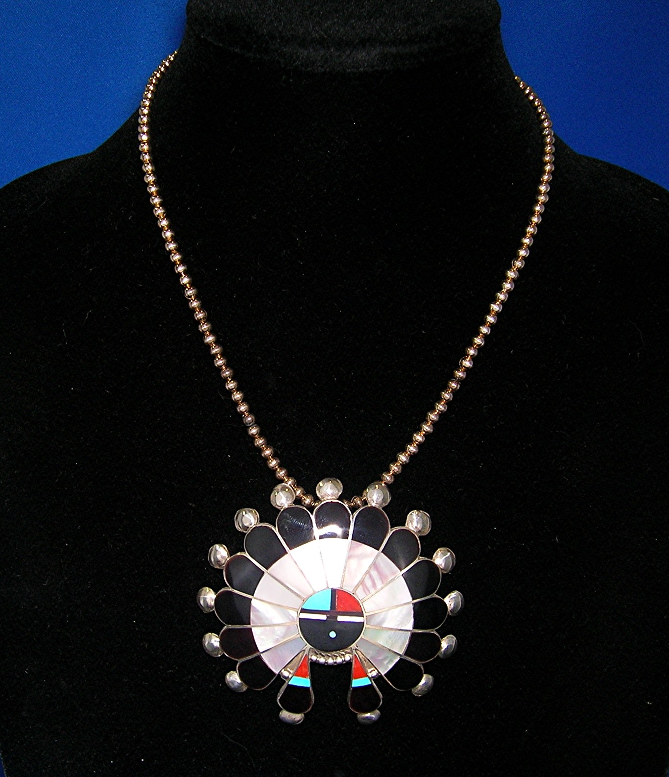 Zuni Sterling Silver Onyx Turquoise Coral Pin