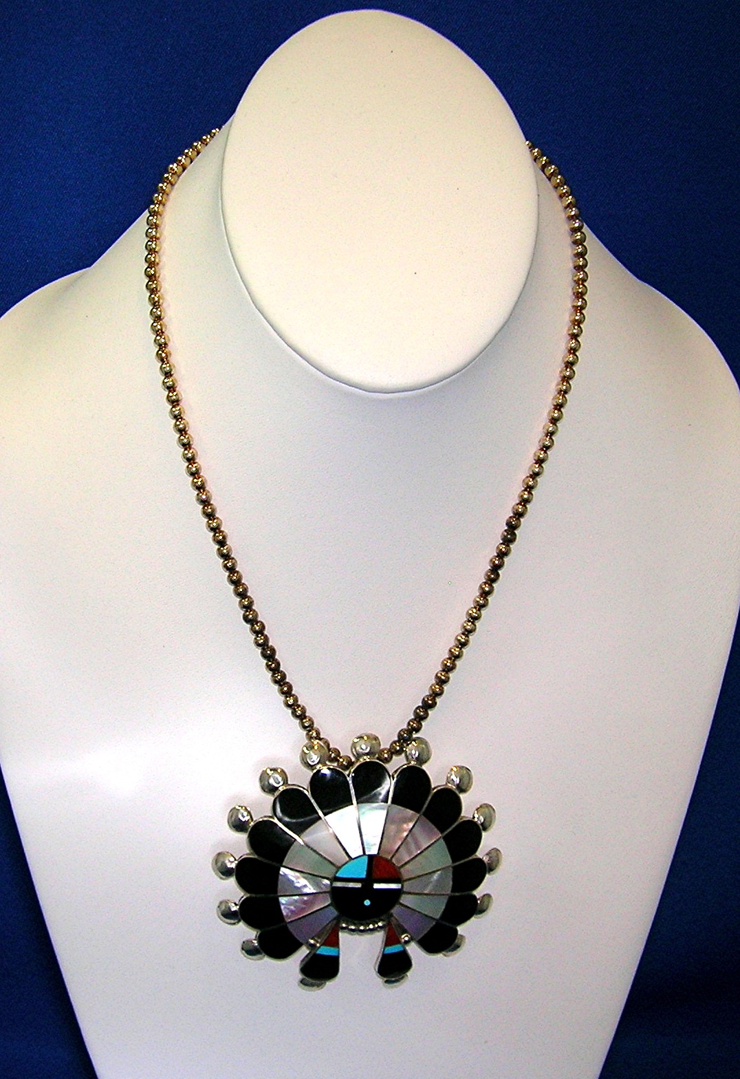 Zuni Sterling Silver Onyx Turquoise Coral Pin
