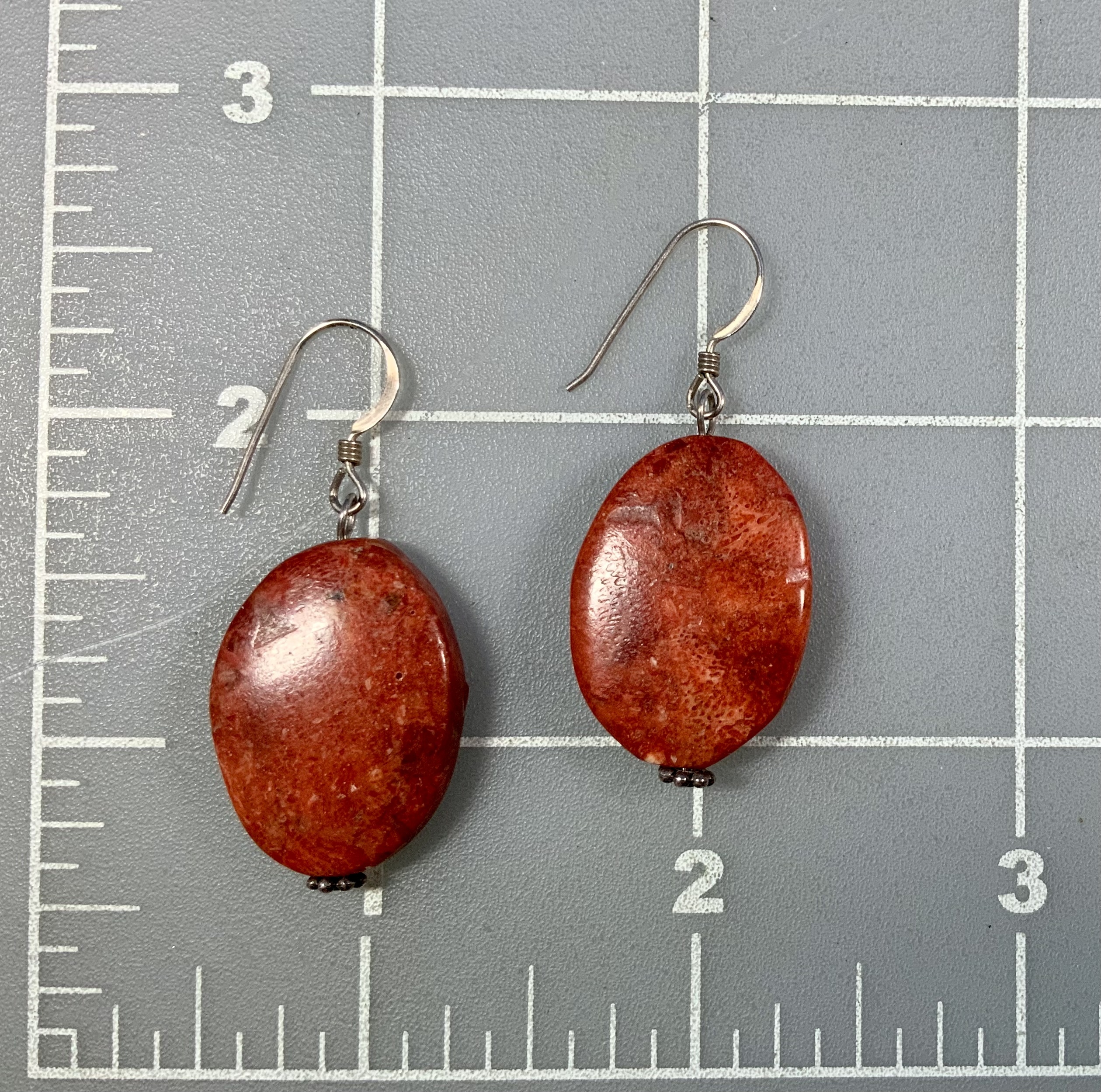 Apple Coral Sterling Silver Hook Earrings 1 3/4 Inch