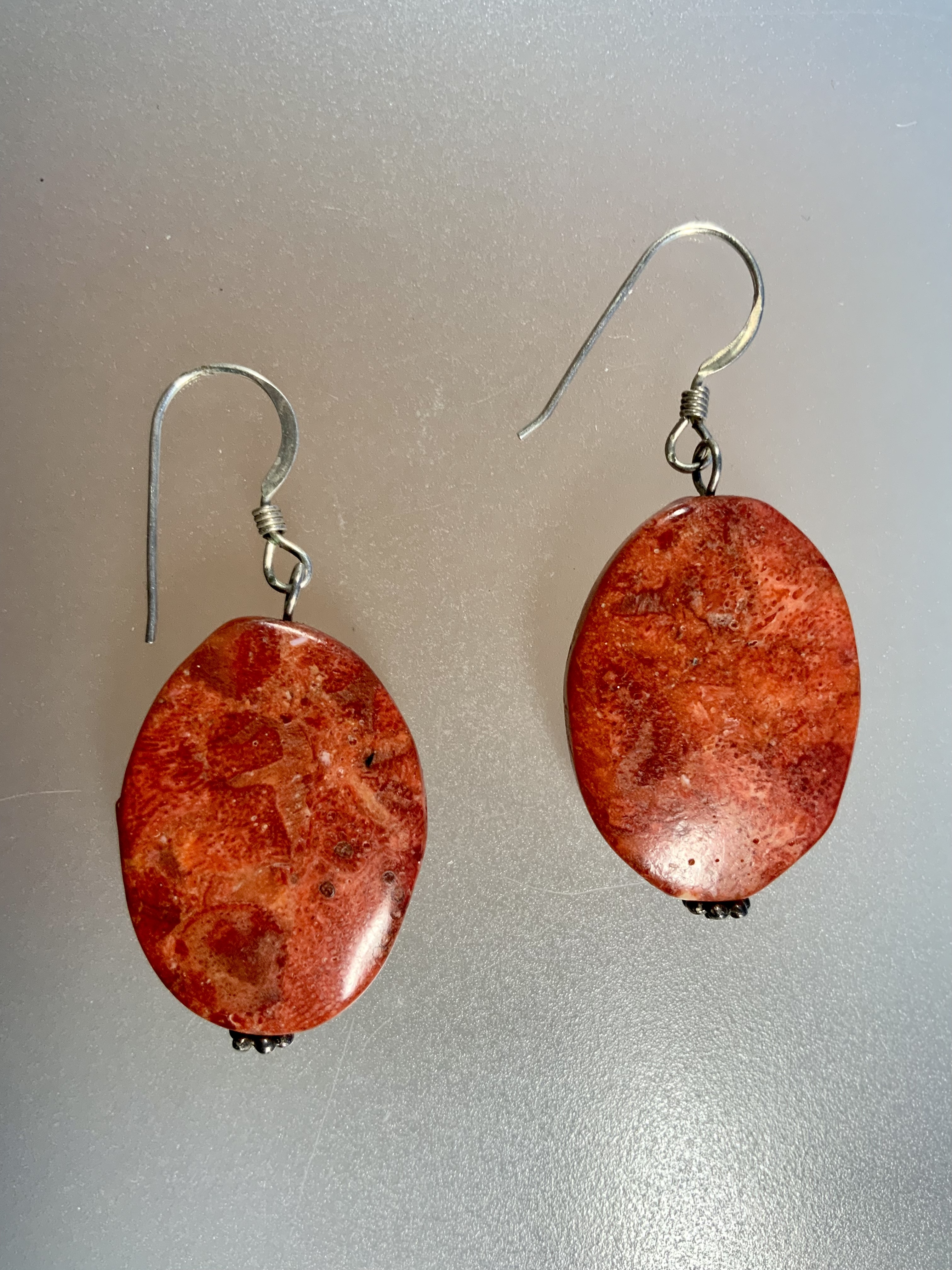 Apple Coral Sterling Silver Hook Earrings 1 3/4 Inch