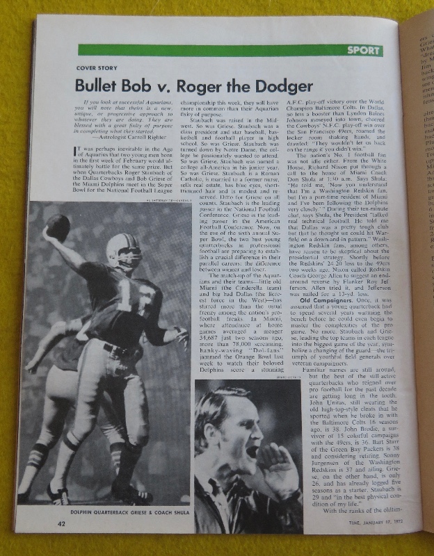 Time Magazine January 17, 1972 Super Bowl (Staubach & Griese)