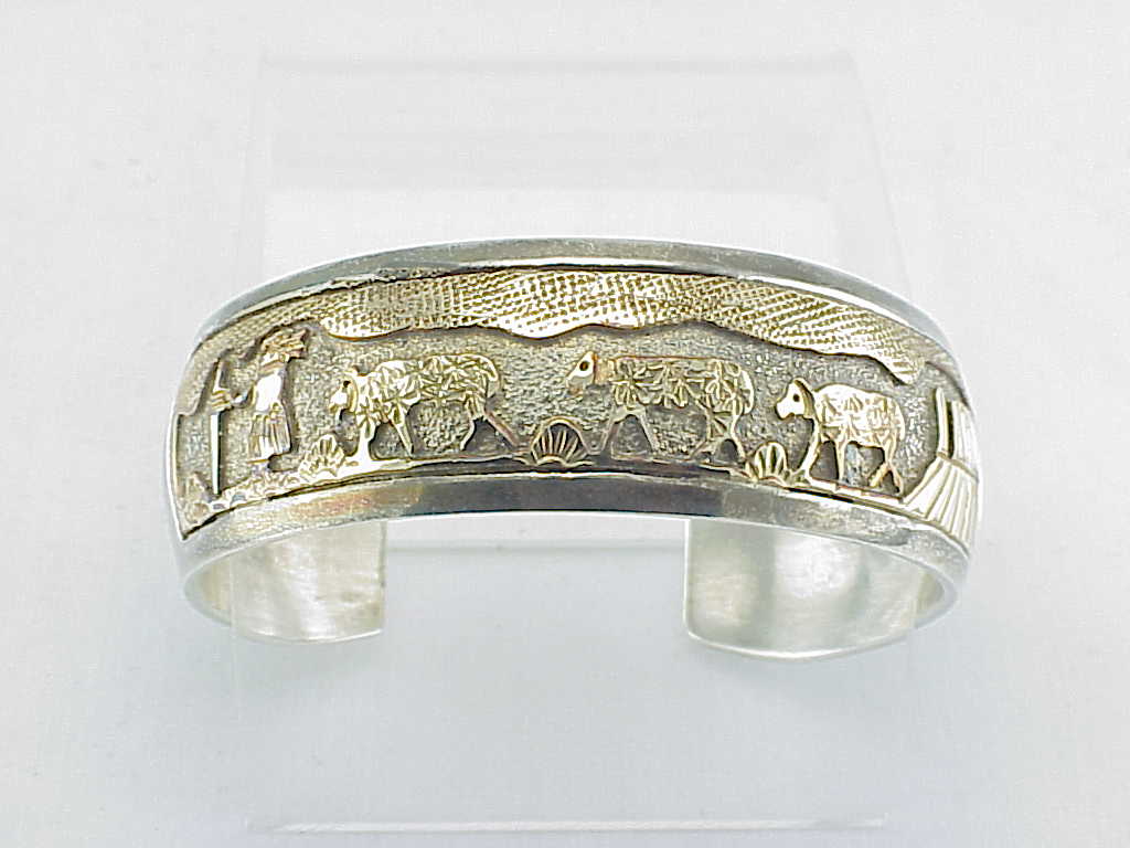 Native American Signed Sterling Silver Gold Storyteller Cuff Bracelet