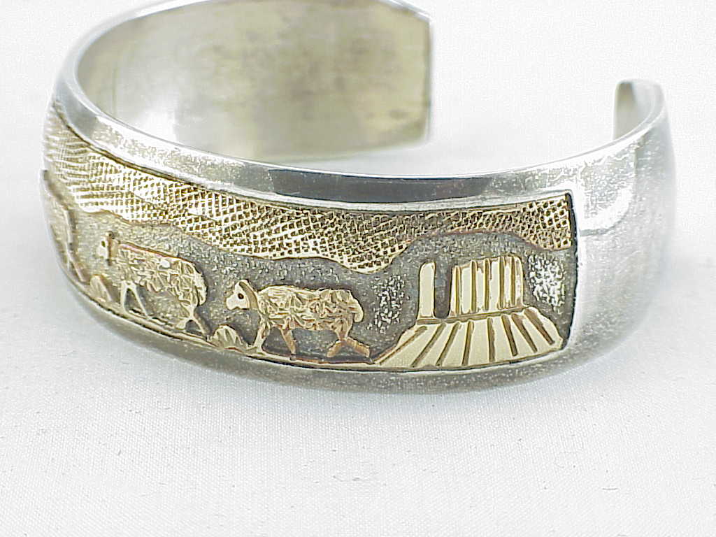 Native American Signed Sterling Silver Gold Storyteller Cuff Bracelet