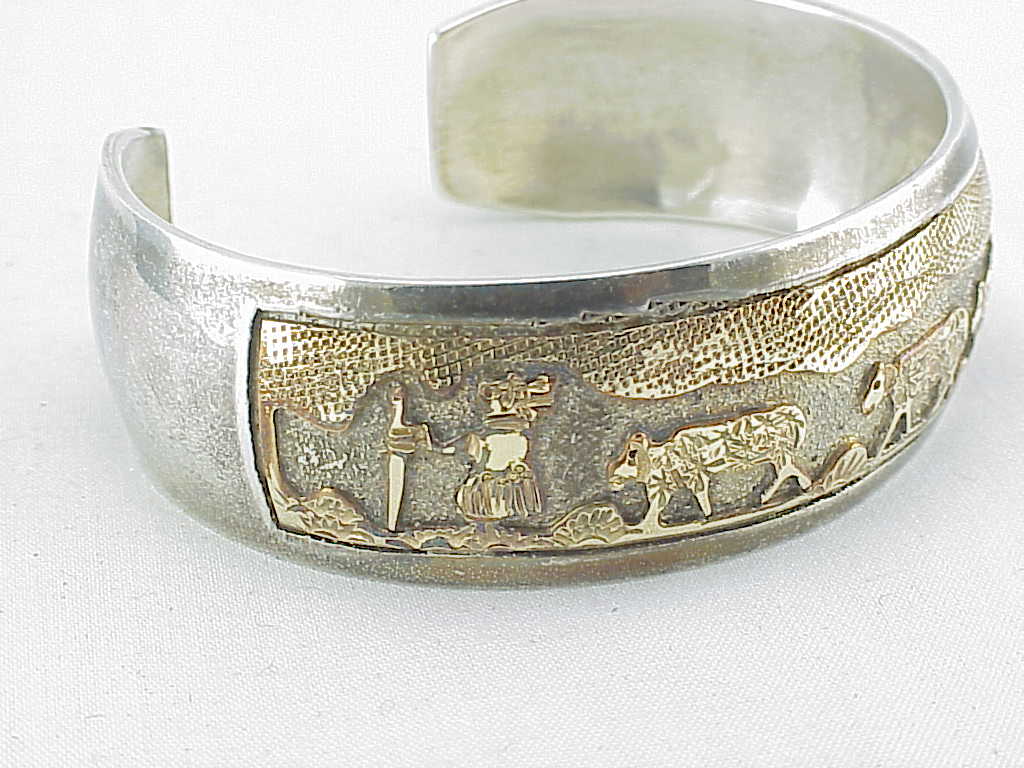 Native American Signed Sterling Silver Gold Storyteller Cuff Bracelet