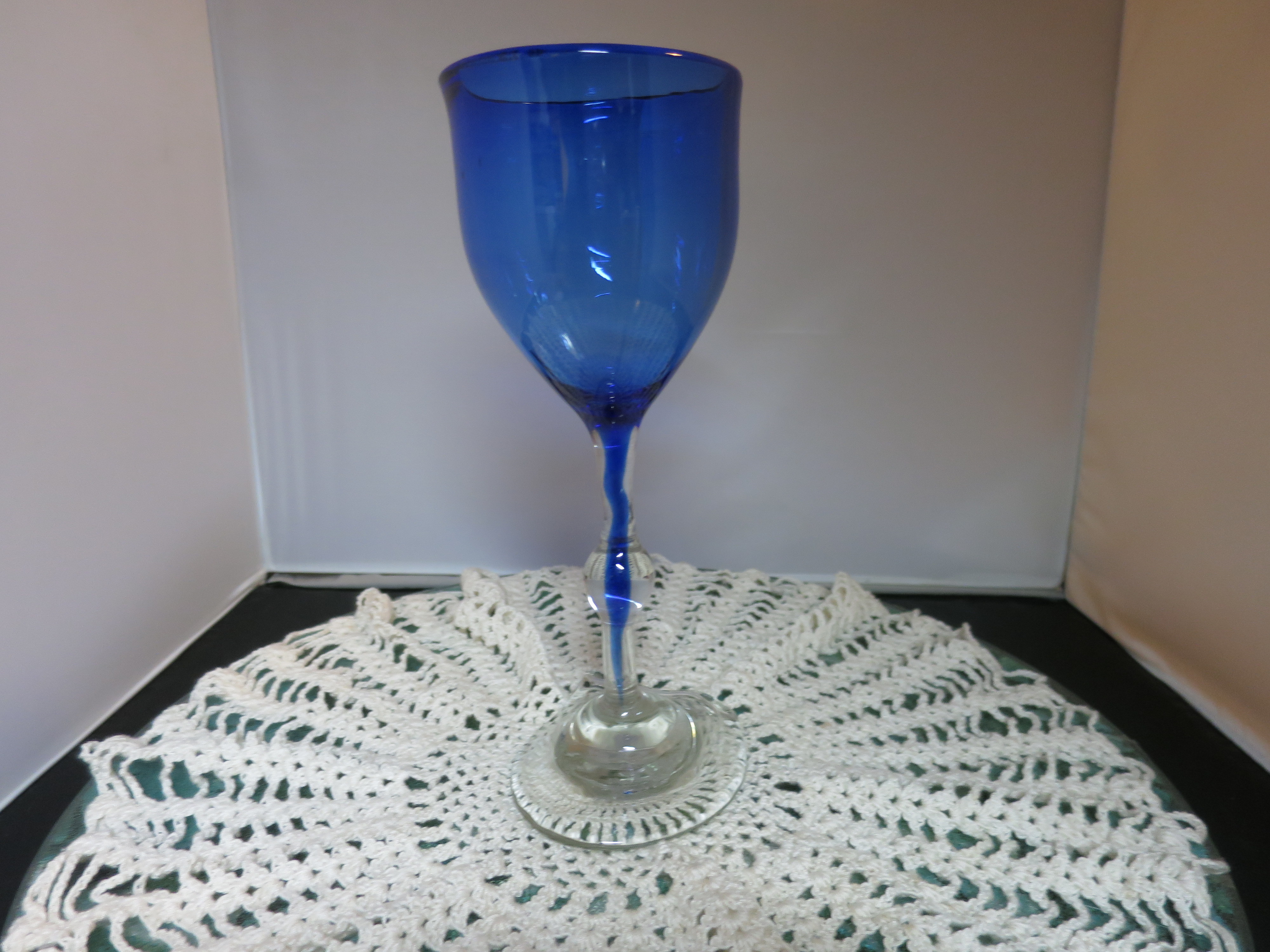 Asymmetrical Art Glass Goblet Cobalt Blue cased Clear turned Foot