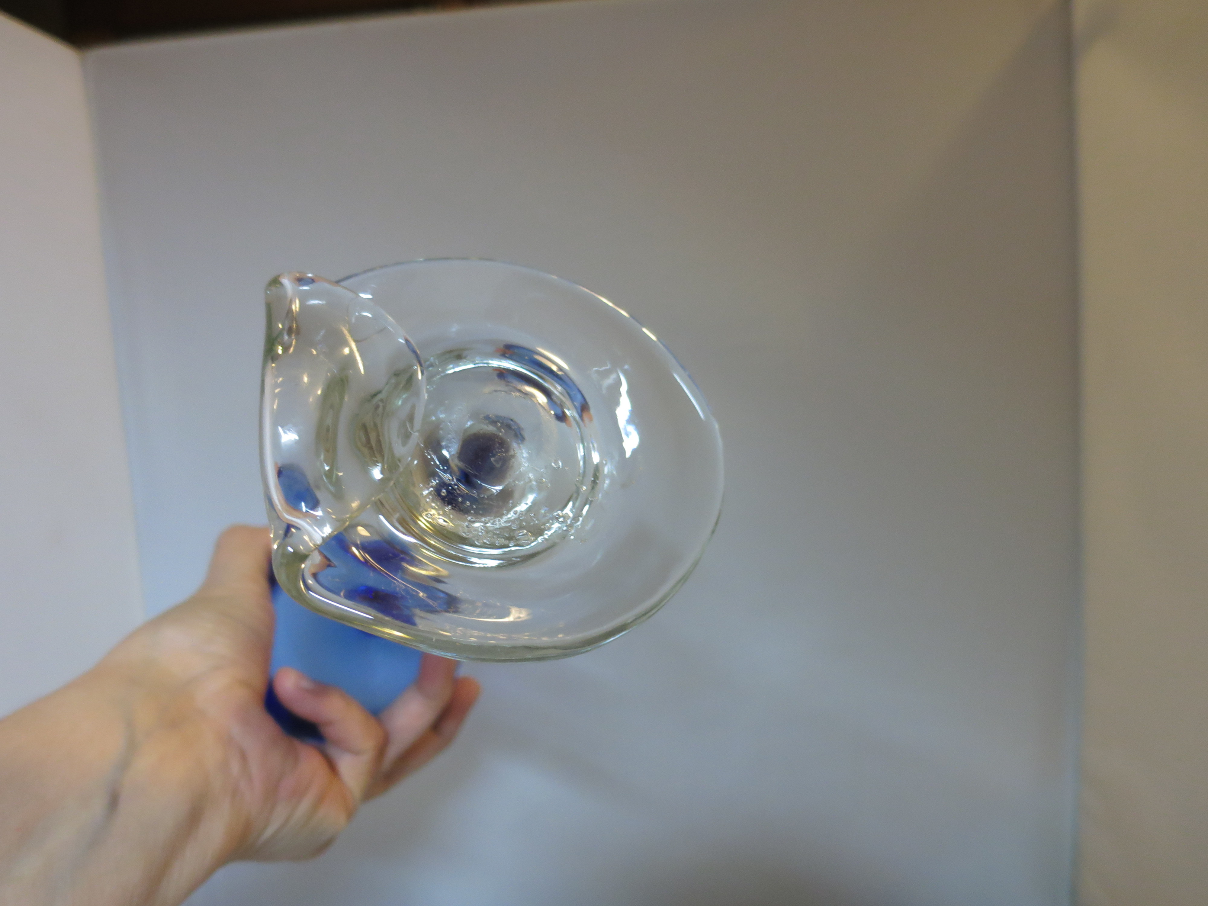 Asymmetrical Art Glass Goblet Cobalt Blue cased Clear turned Foot