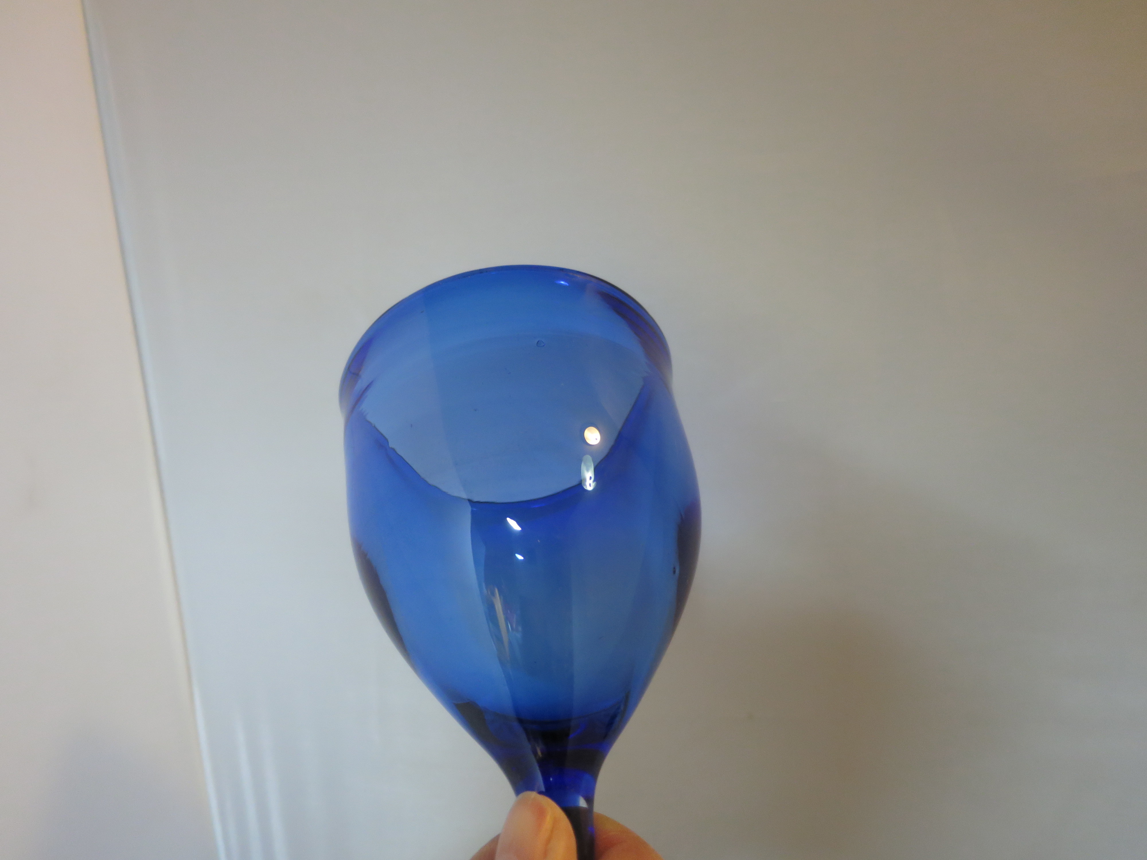 Asymmetrical Art Glass Goblet Cobalt Blue cased Clear turned Foot