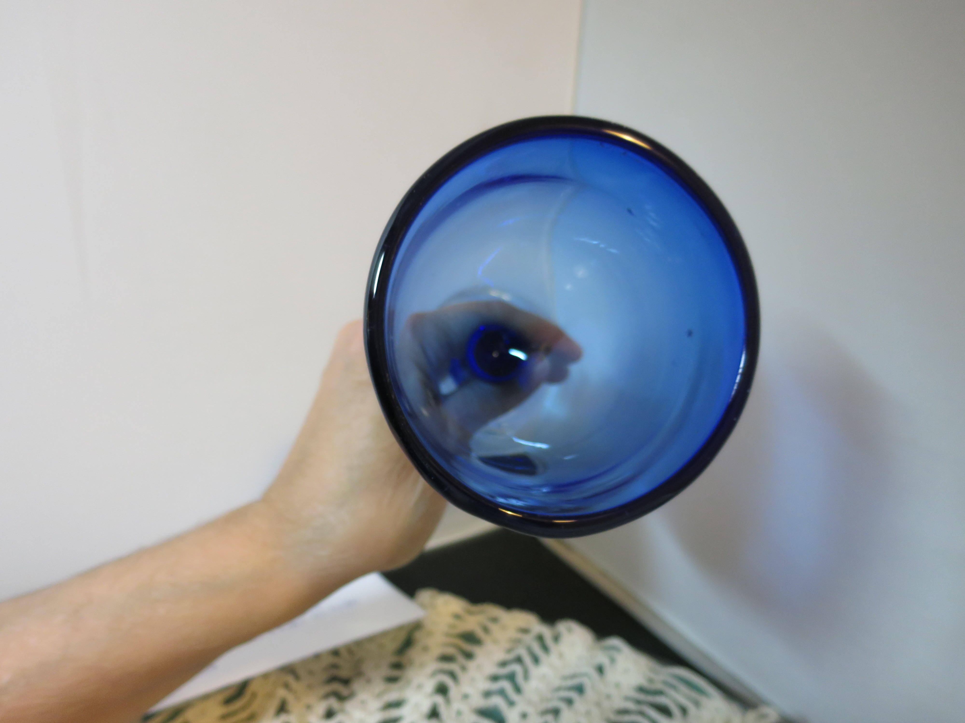 Asymmetrical Art Glass Goblet Cobalt Blue cased Clear turned Foot