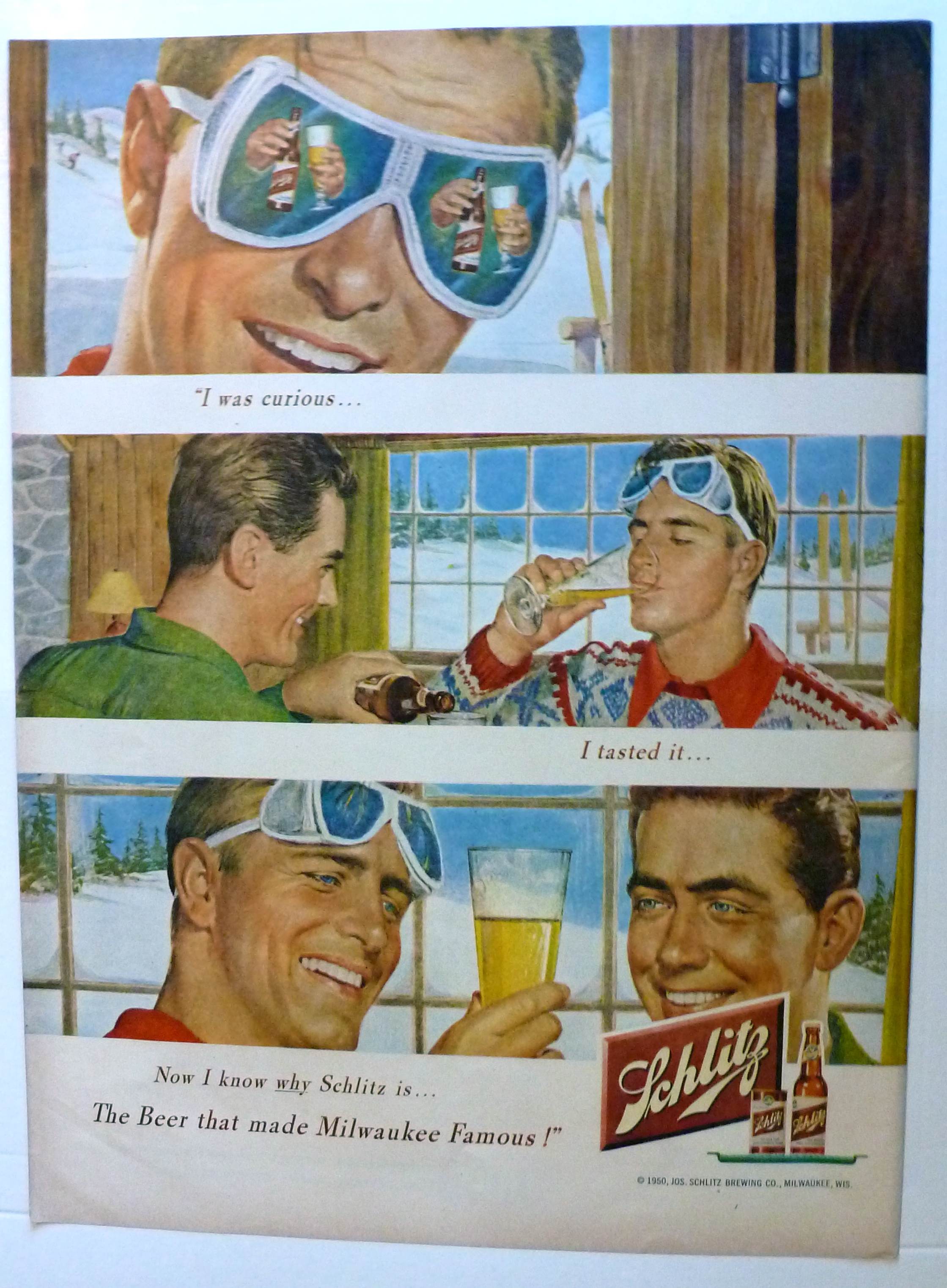 1950 Schlitz Beer with Two Men Talking In Lodge