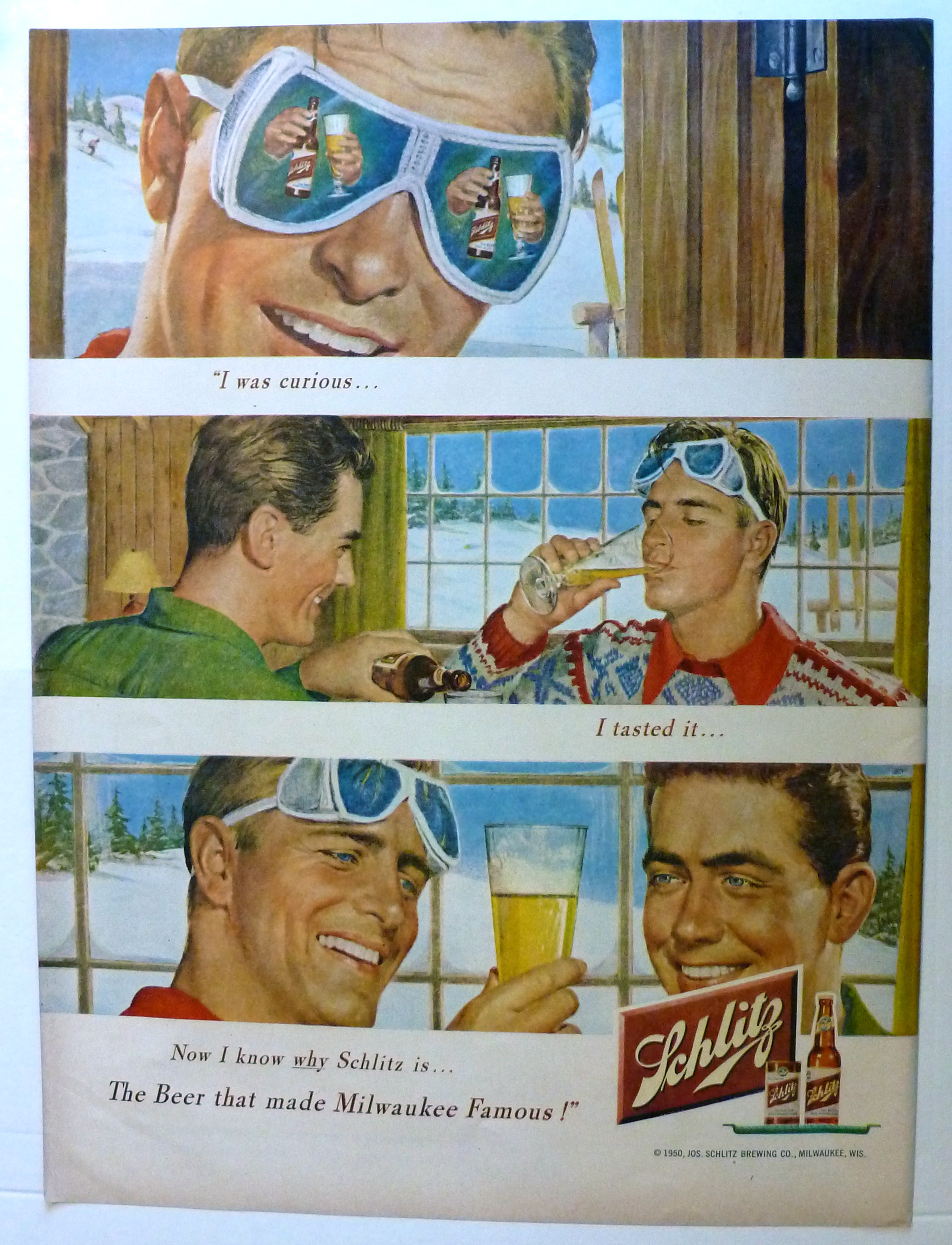 1950 Schlitz Beer with Two Men Talking In Lodge