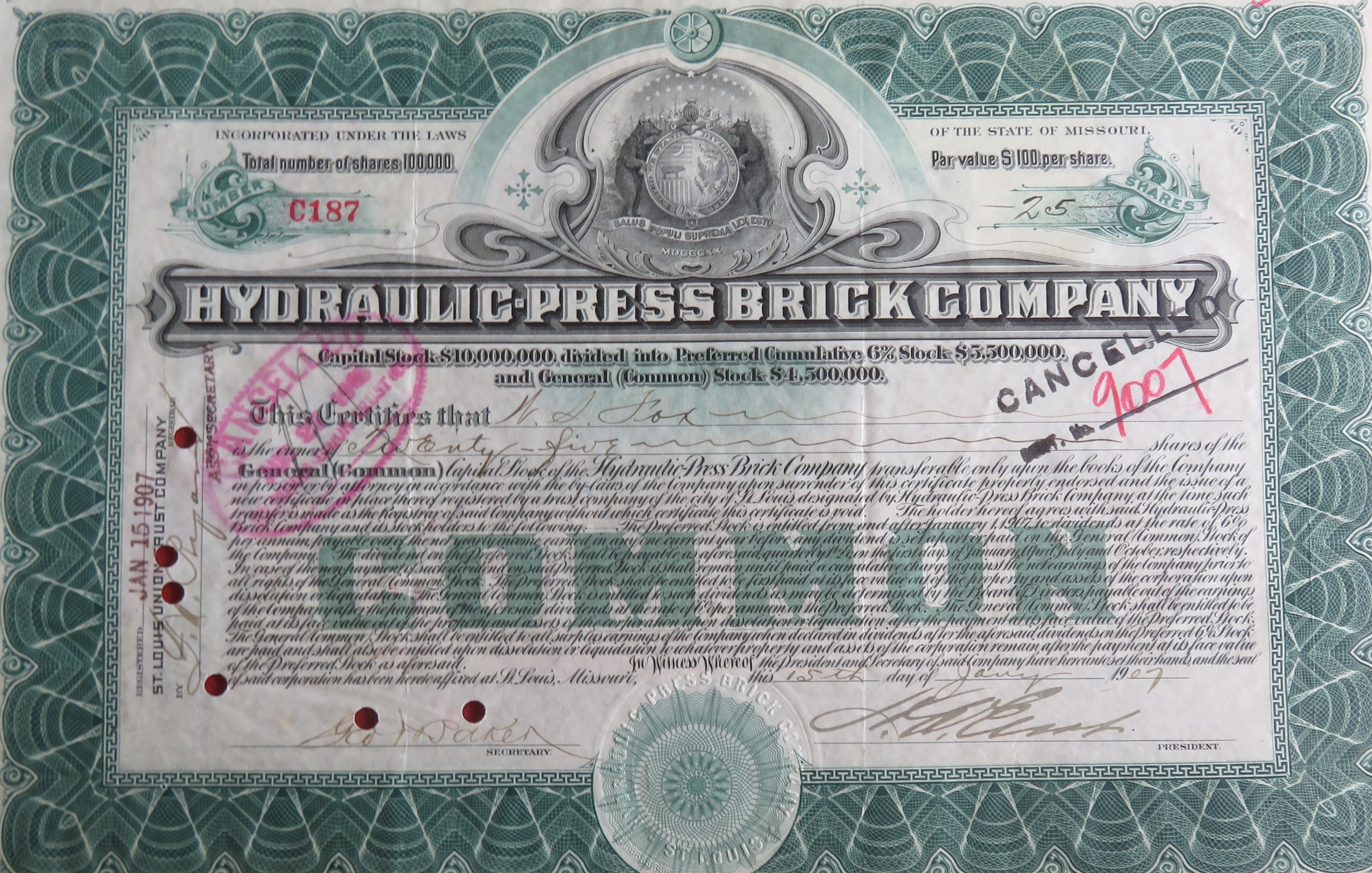 1907 Hydraulic Press Brick Company Stock Certificate