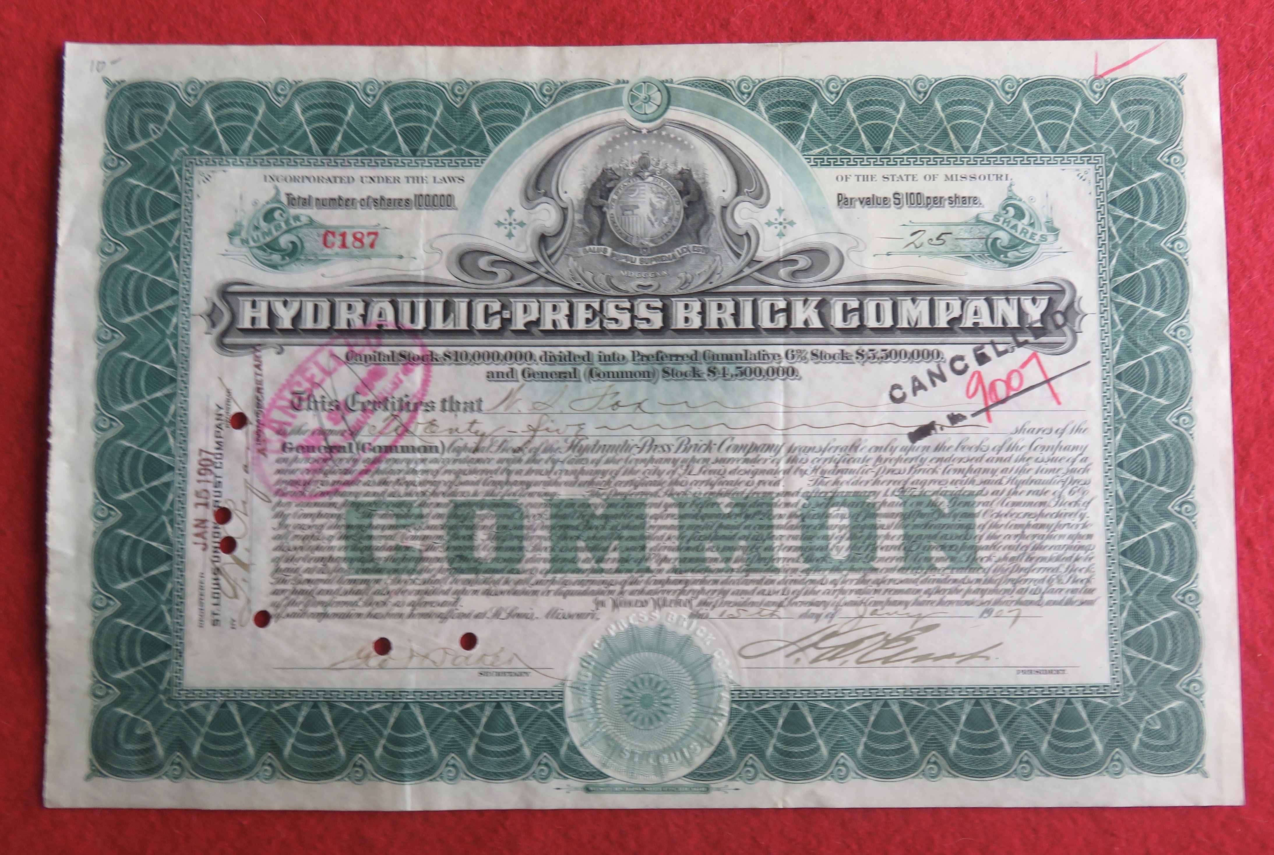 1907 Hydraulic Press Brick Company Stock Certificate