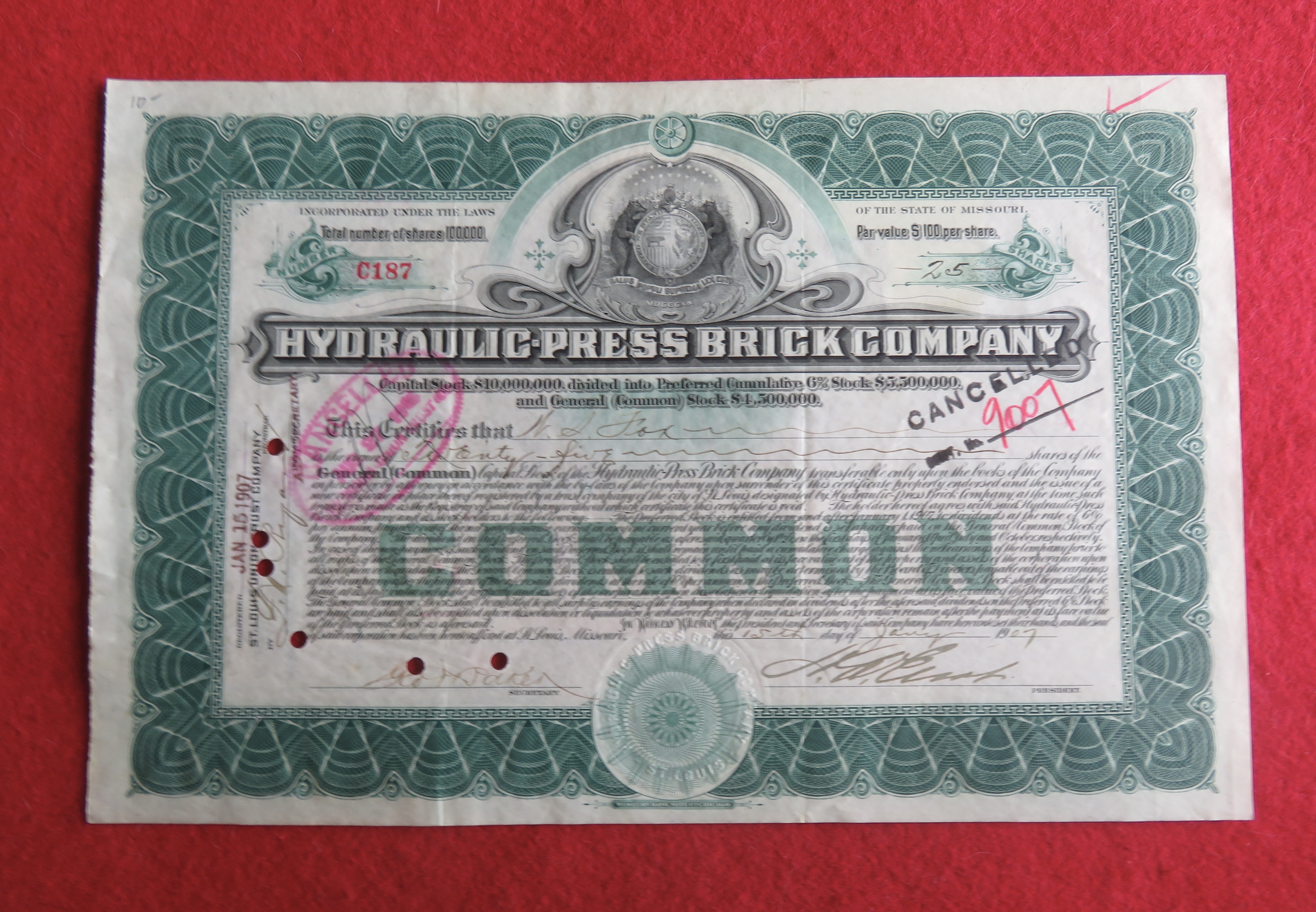 1907 Hydraulic Press Brick Company Stock Certificate