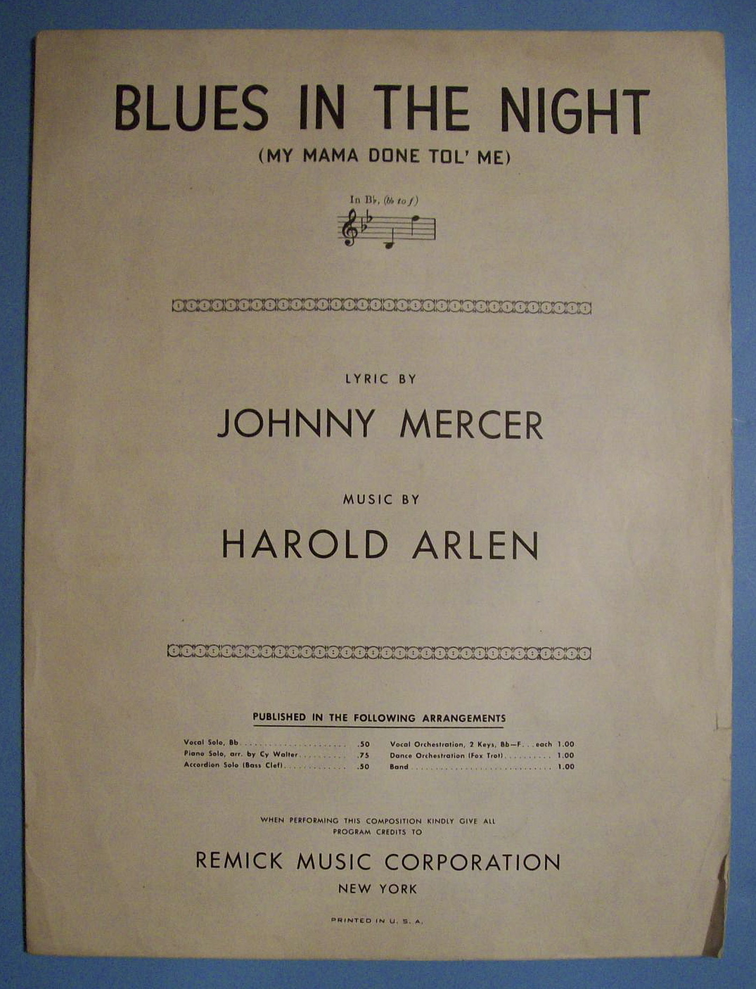 Sheet Music For 1941 Blues In The Night