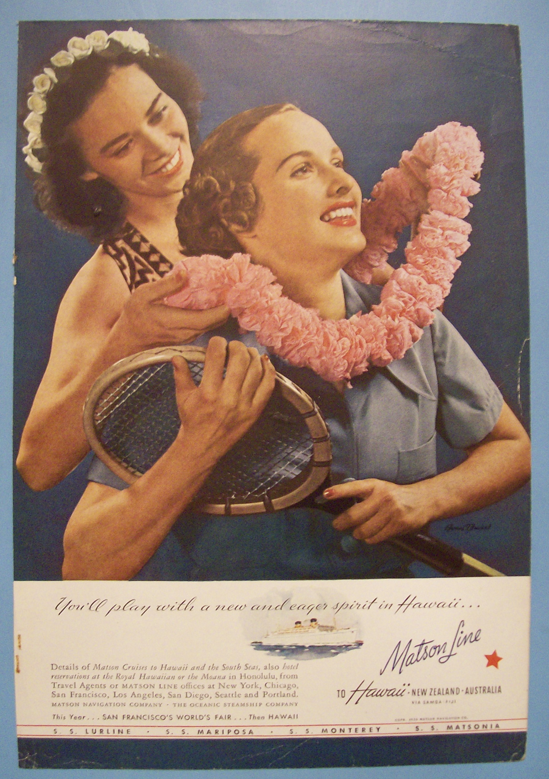 1939 Matson Line To Hawaii with Hawaiian Woman and Lei