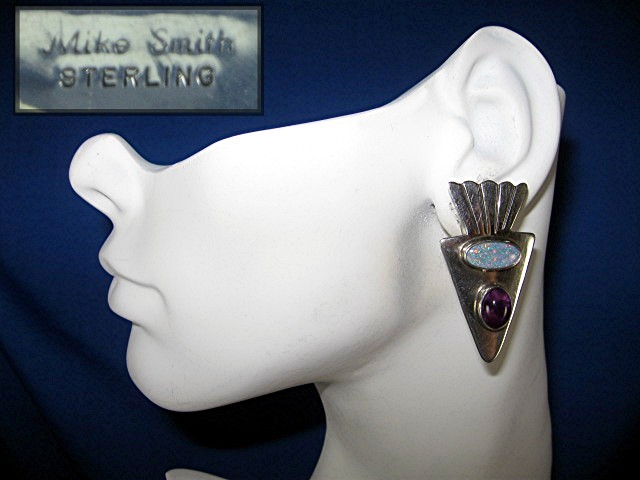 Opal Amethyst Sterling Silver Signed  MIKE SMITH Earrin