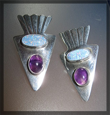 Opal Amethyst Sterling Silver Signed  MIKE SMITH Earrin