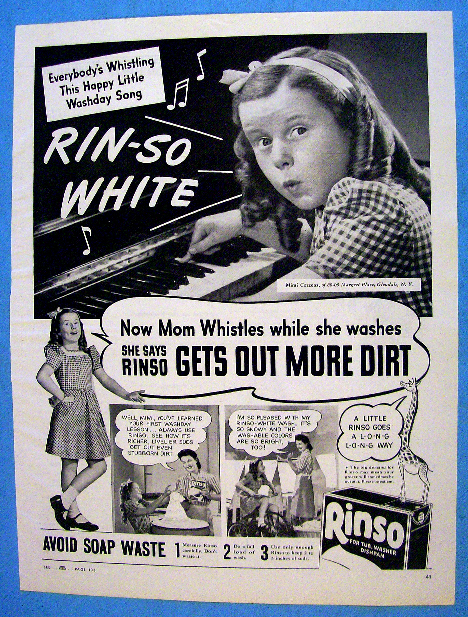 1944 Rinso Soap w/ Girl Playing Piano