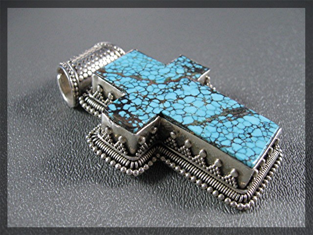 Tibetan Turquoise Sterling Silver  Cross Pendant