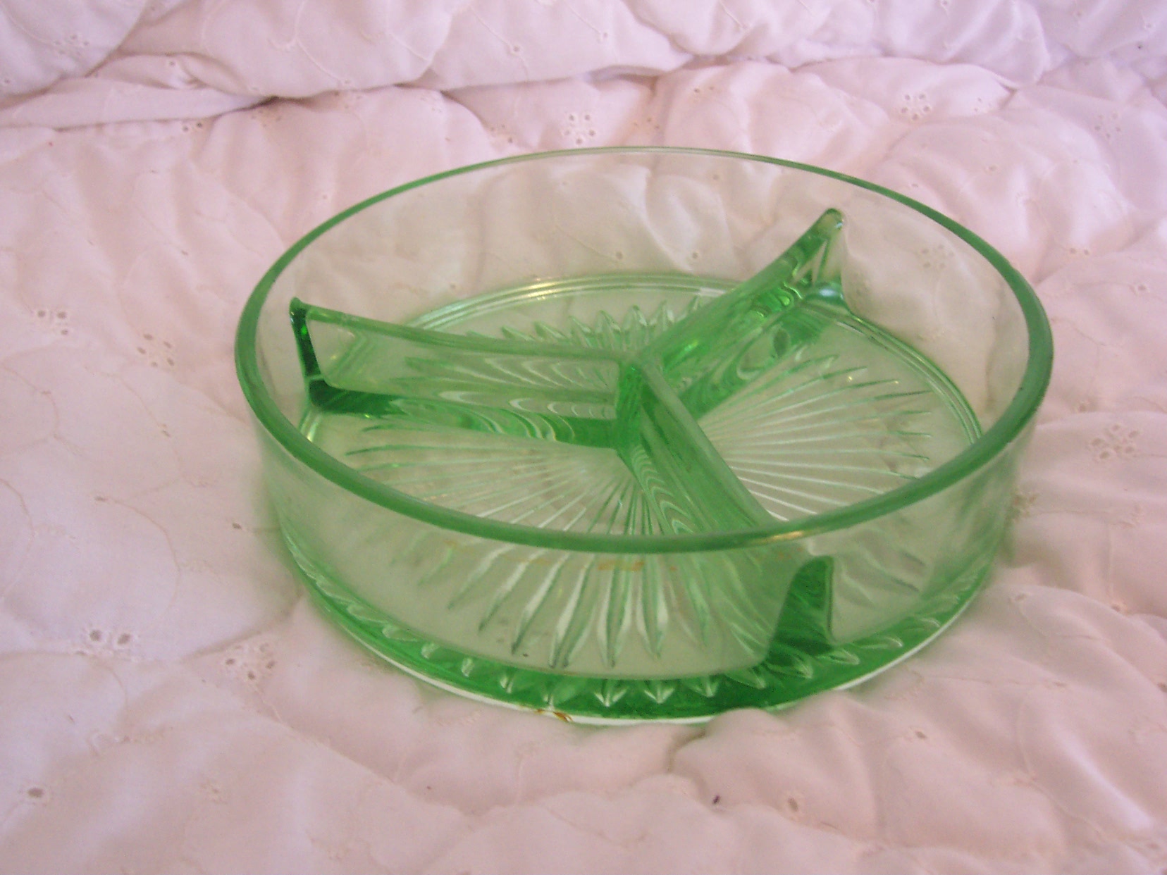 Pressed Green Glass round divided dish