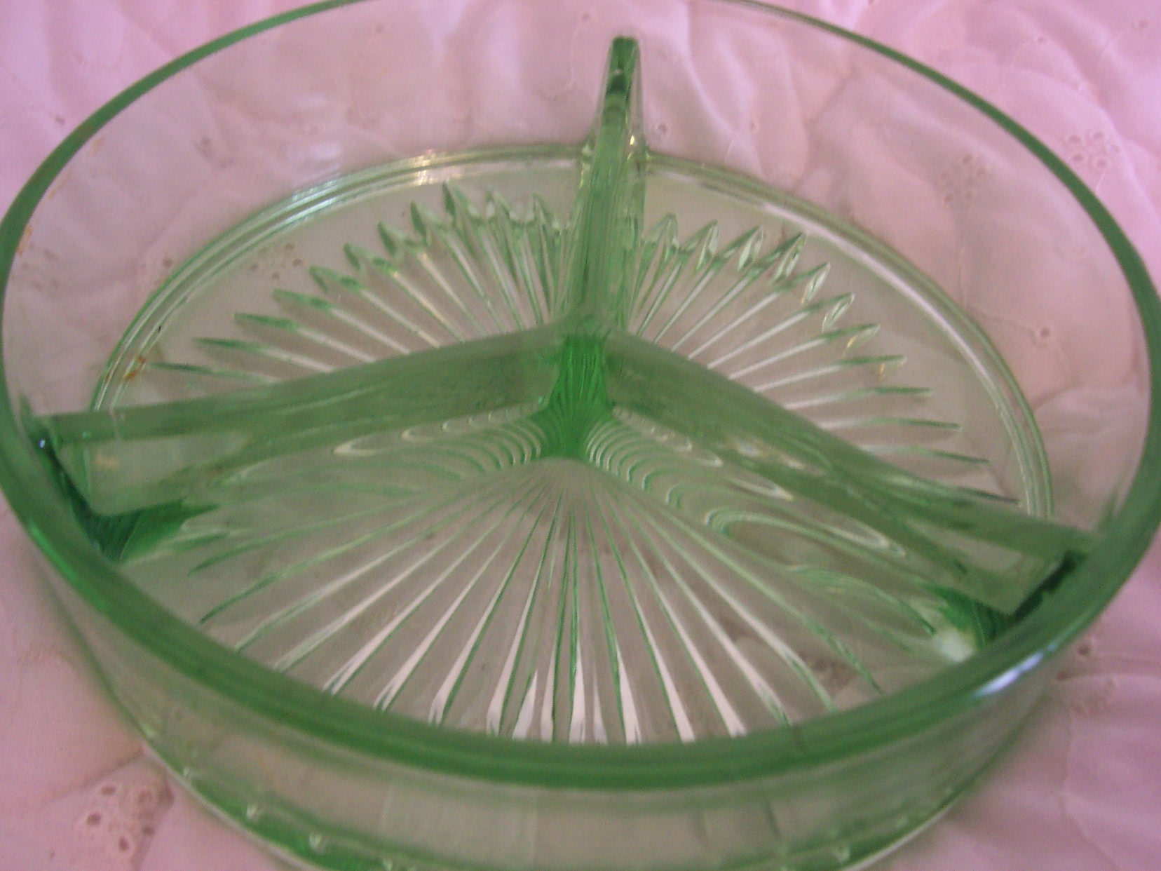 Pressed Green Glass round divided dish