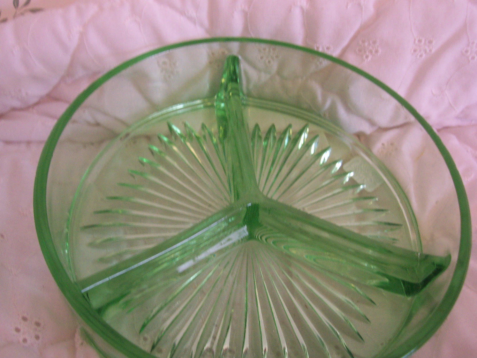 Pressed Green Glass round divided dish