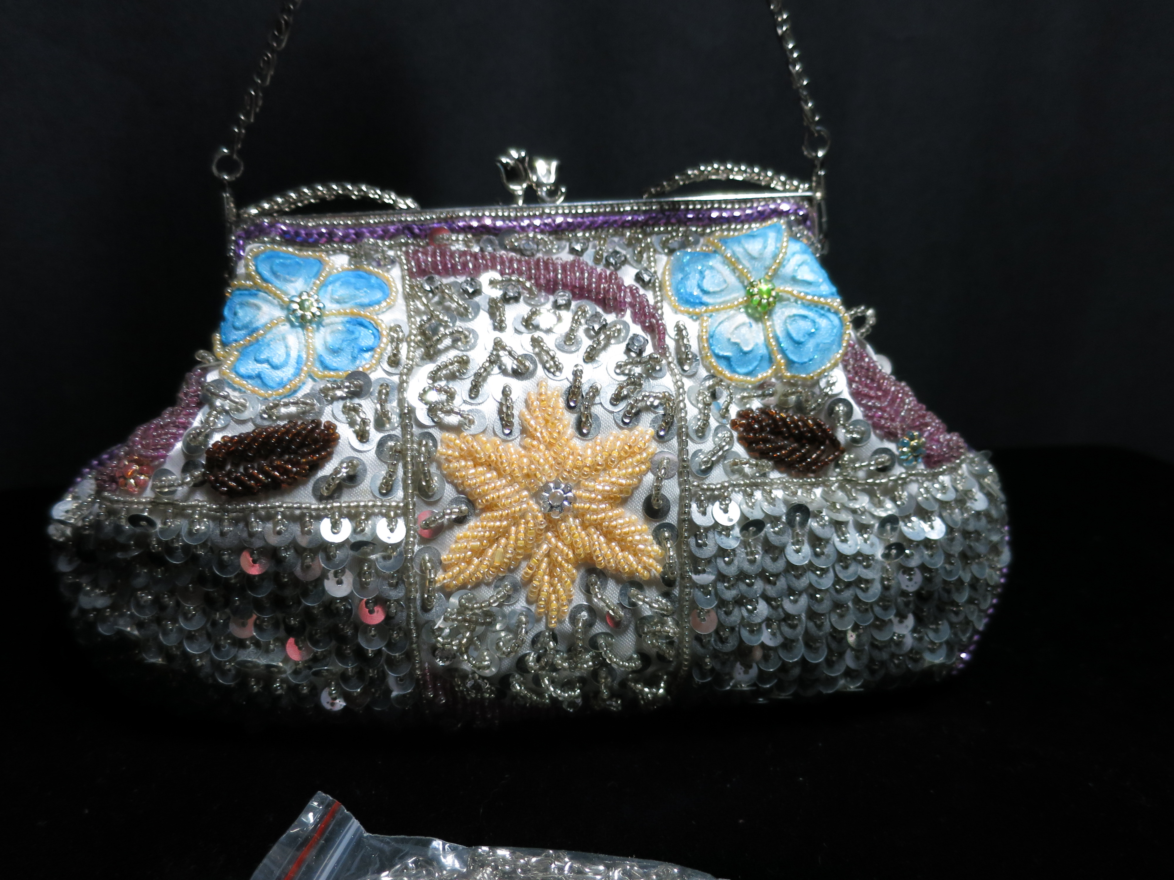 Far Nine Beaded Clutch Hand Shoulder Bag 2 chain drops