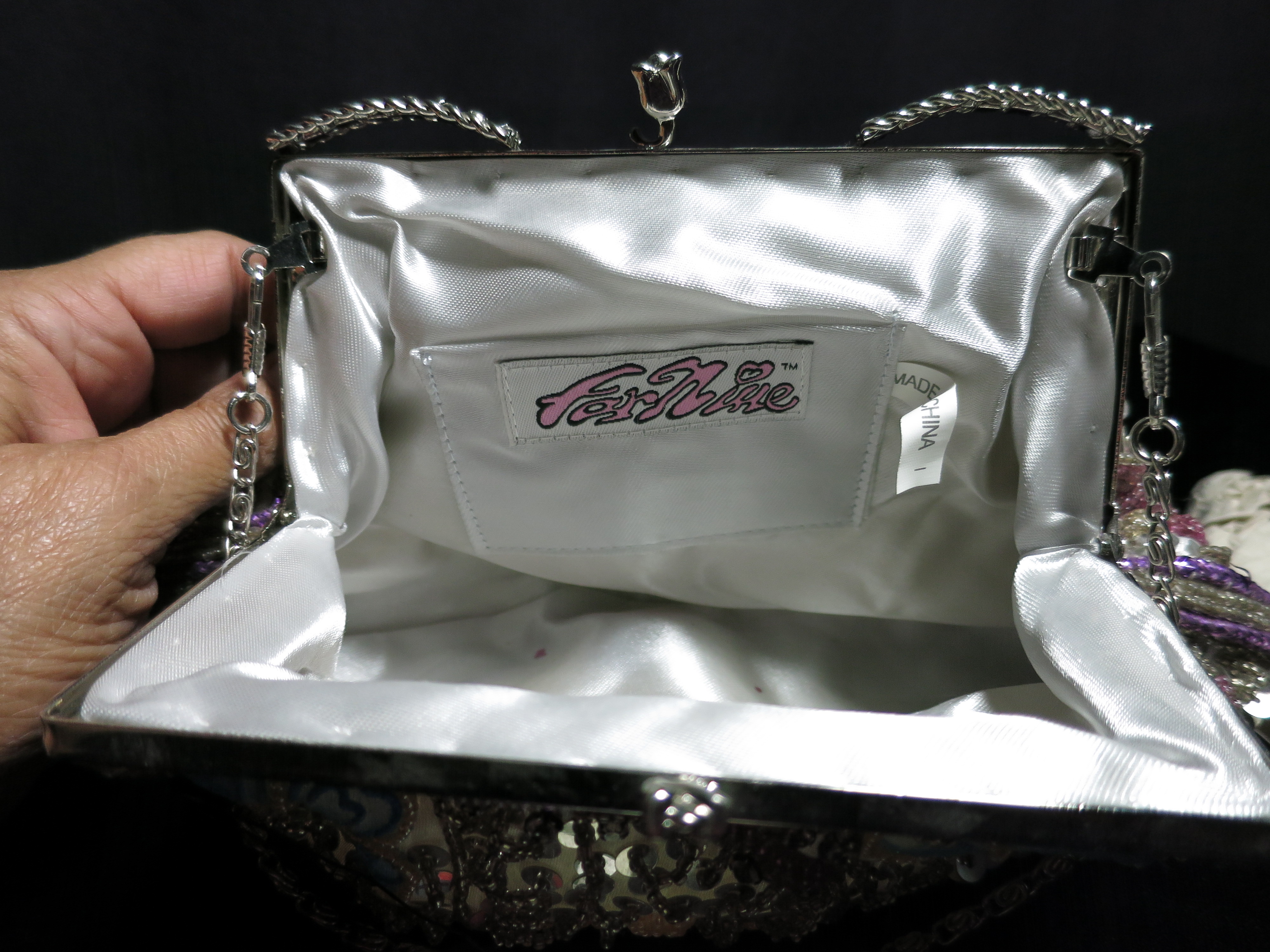 Far Nine Beaded Clutch Hand Shoulder Bag 2 chain drops