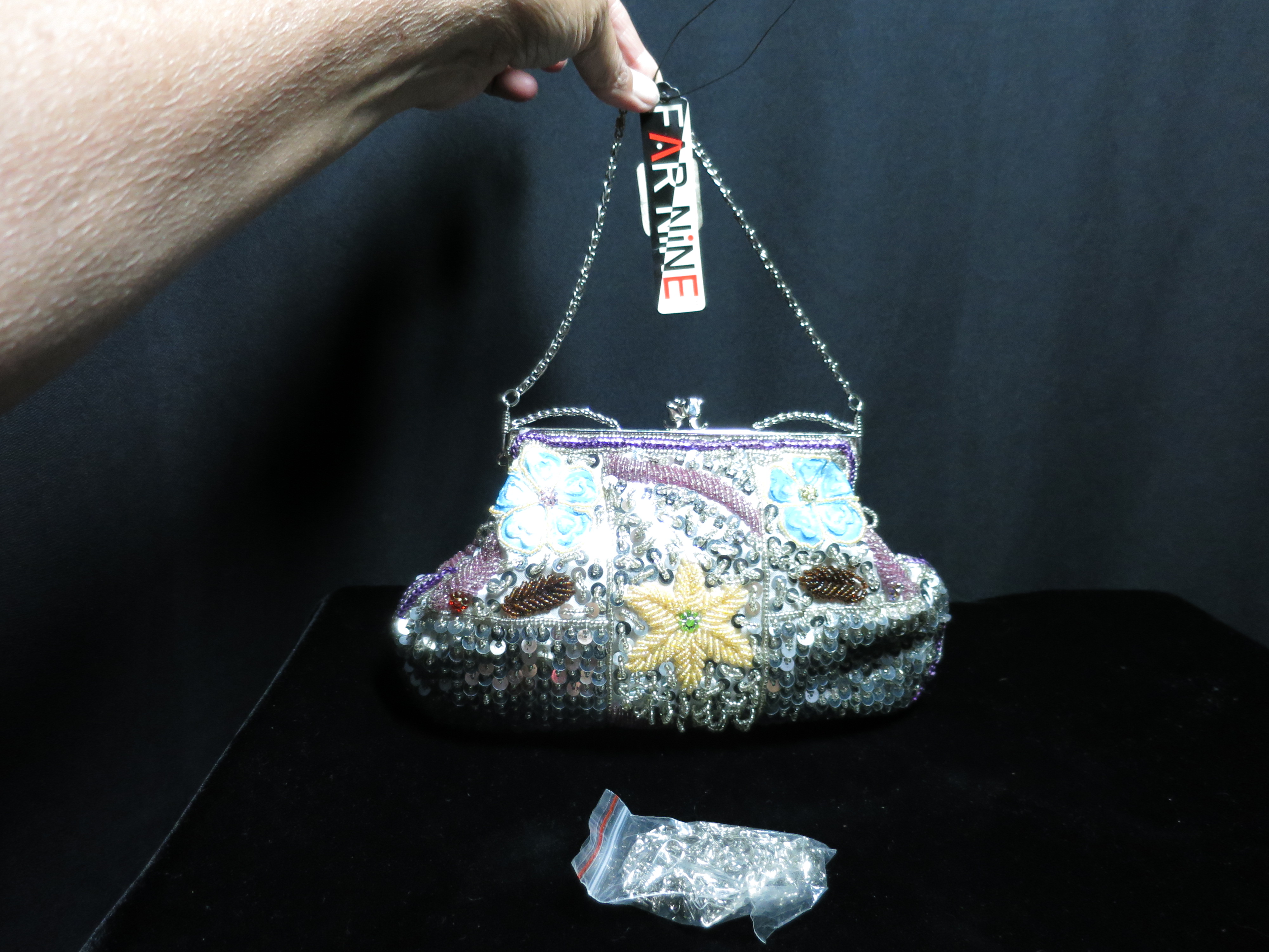Far Nine Beaded Clutch Hand Shoulder Bag 2 chain drops