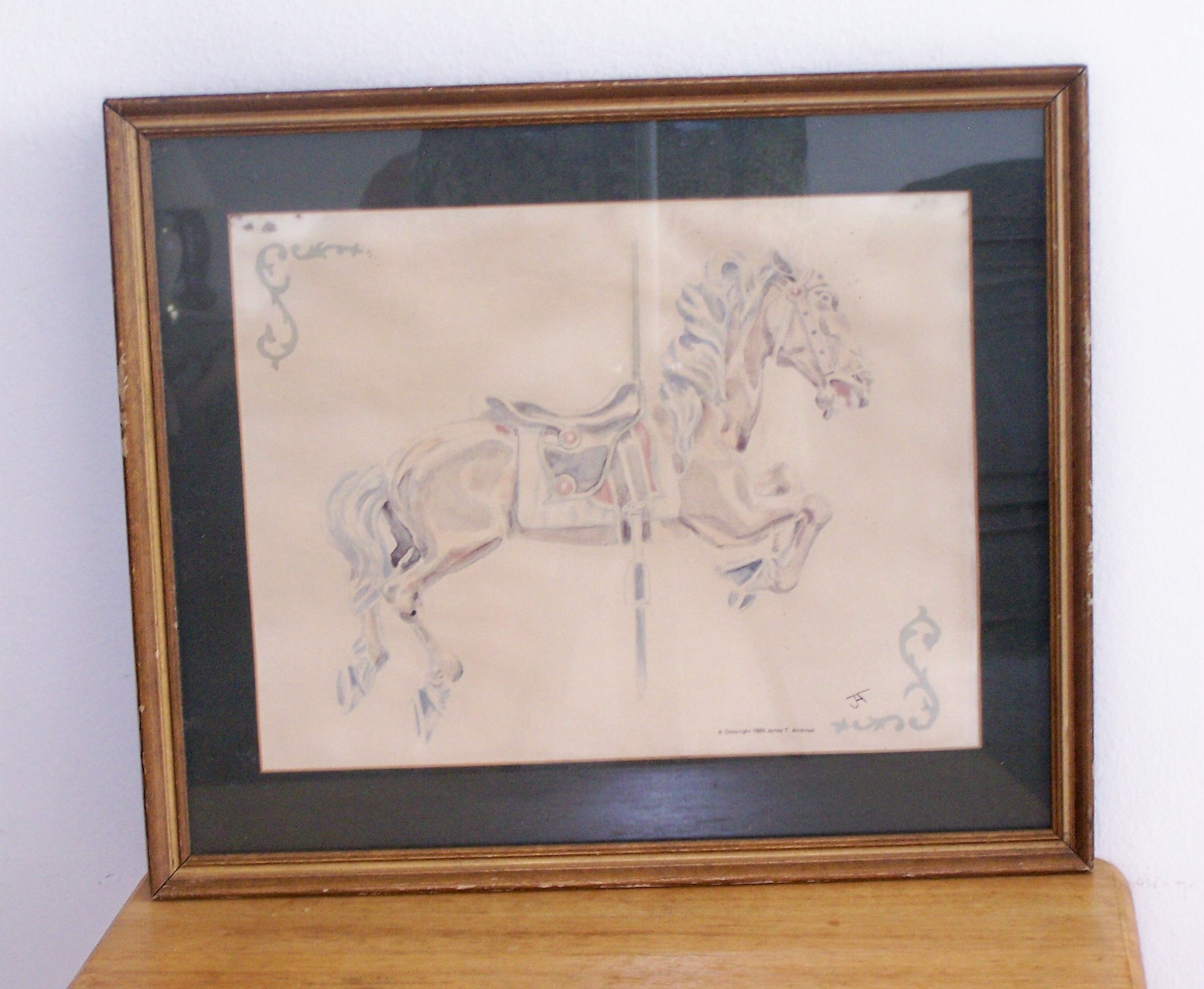 Framed Carousel Horse W/Stripped Blanket