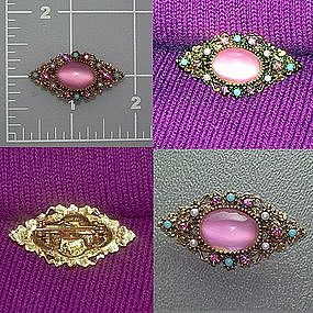 Filigree brooch pin pink turquoise pearl cabochon