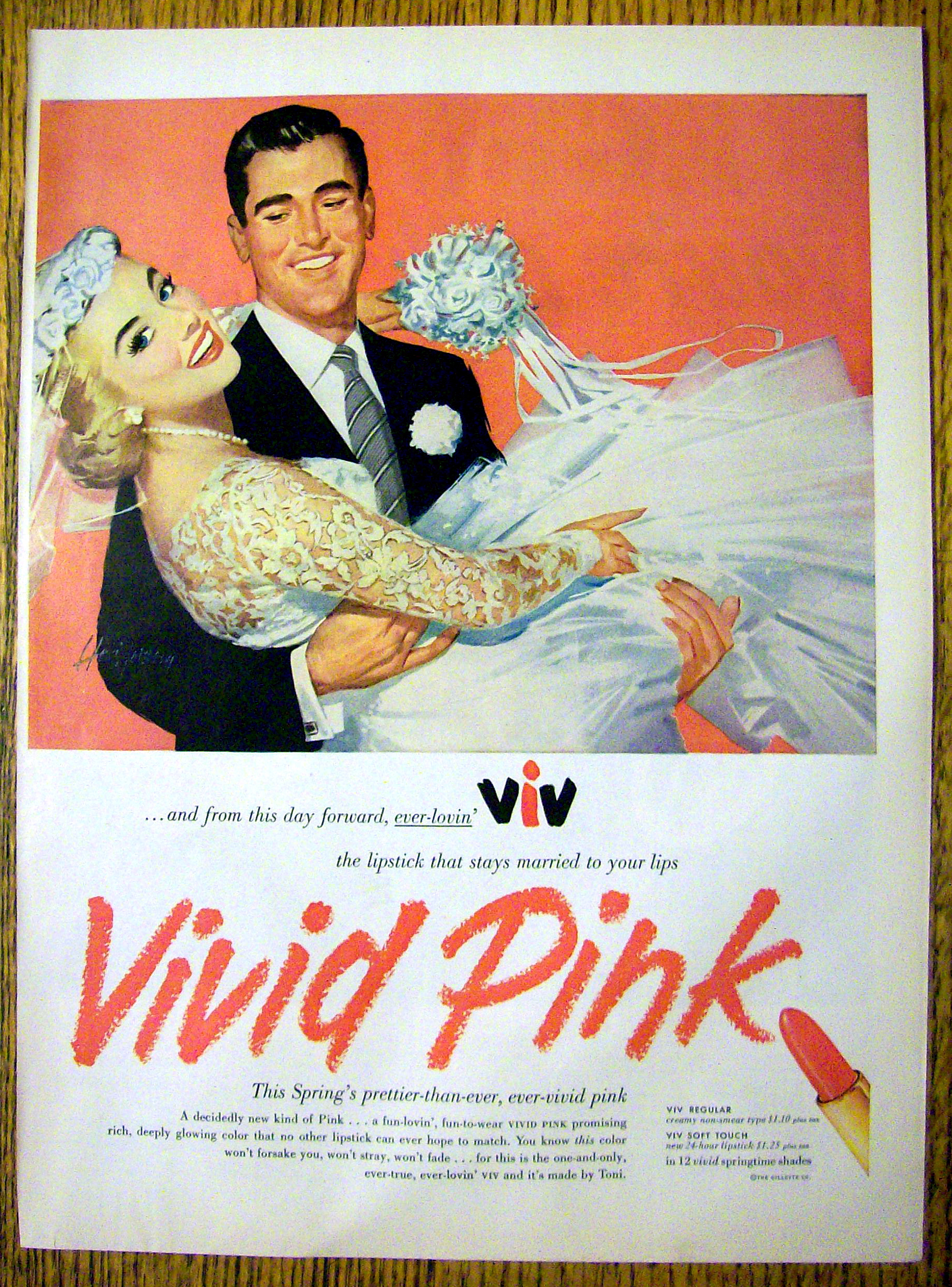 1956 Vivid Pink Lipstick with Groom Carrying Bride