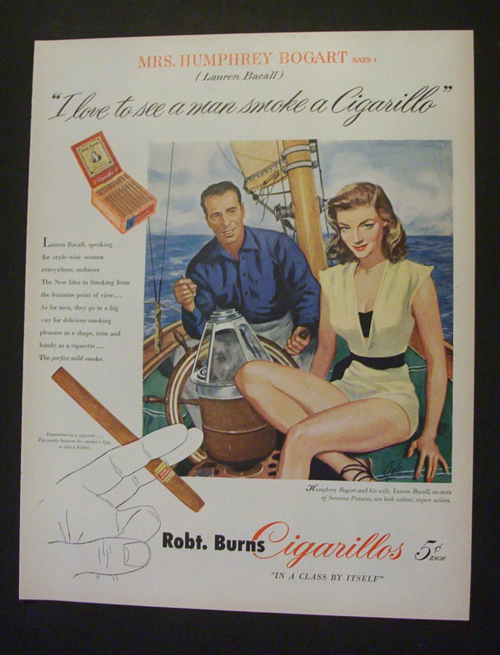 1951 Robt Burns Cigarillos w/ Lauren Bacall
