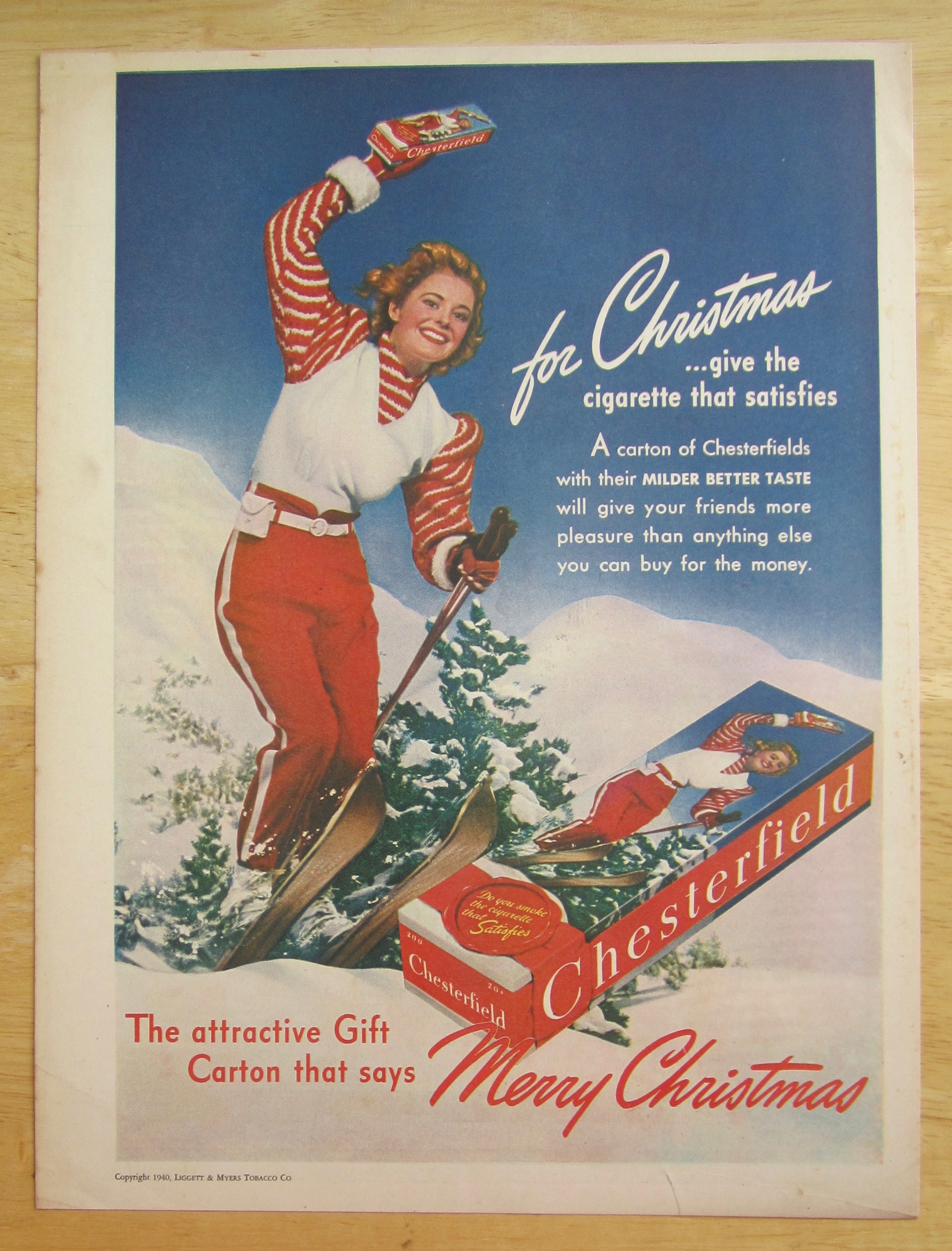 1940 Chesterfield Cigarettes with Woman Skiing