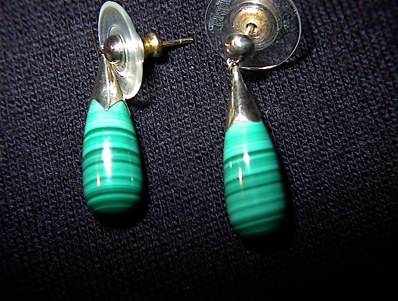 Earrings. 12K 14K Gold Teardrop Malachite Pierced