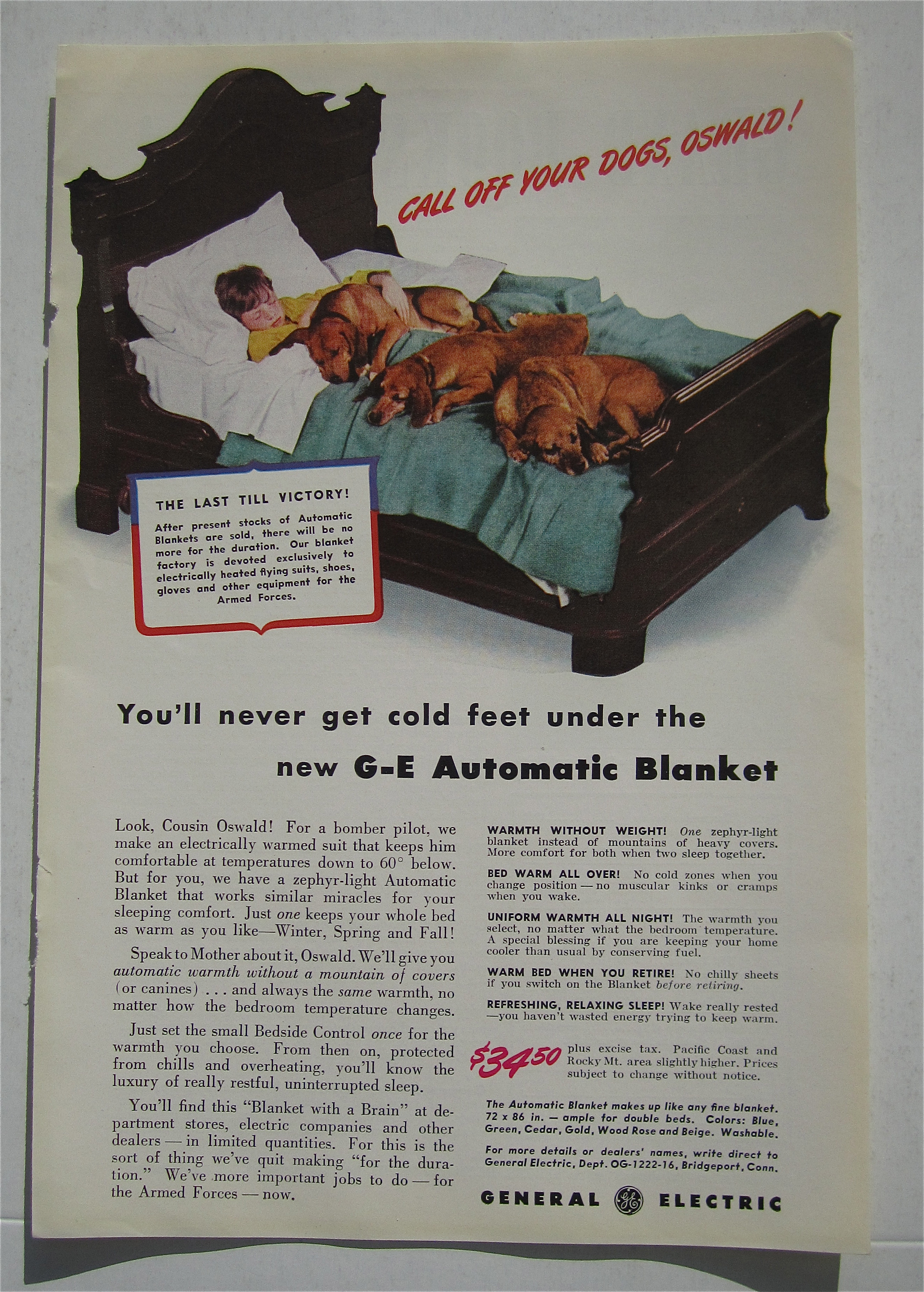 1942 General Electric Automatic Blanket w/Boy & Dogs
