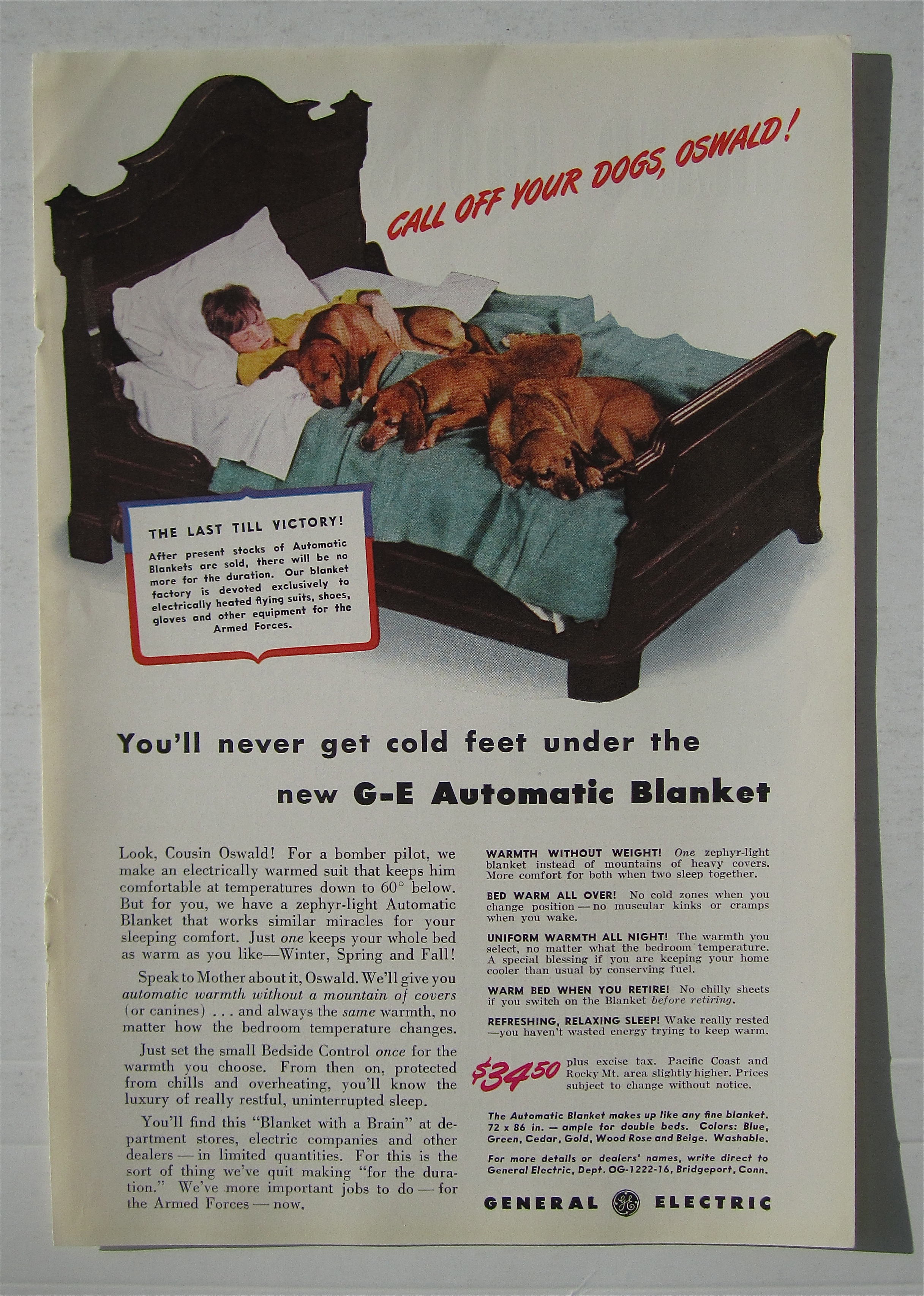 1942 General Electric Automatic Blanket w/Boy & Dogs