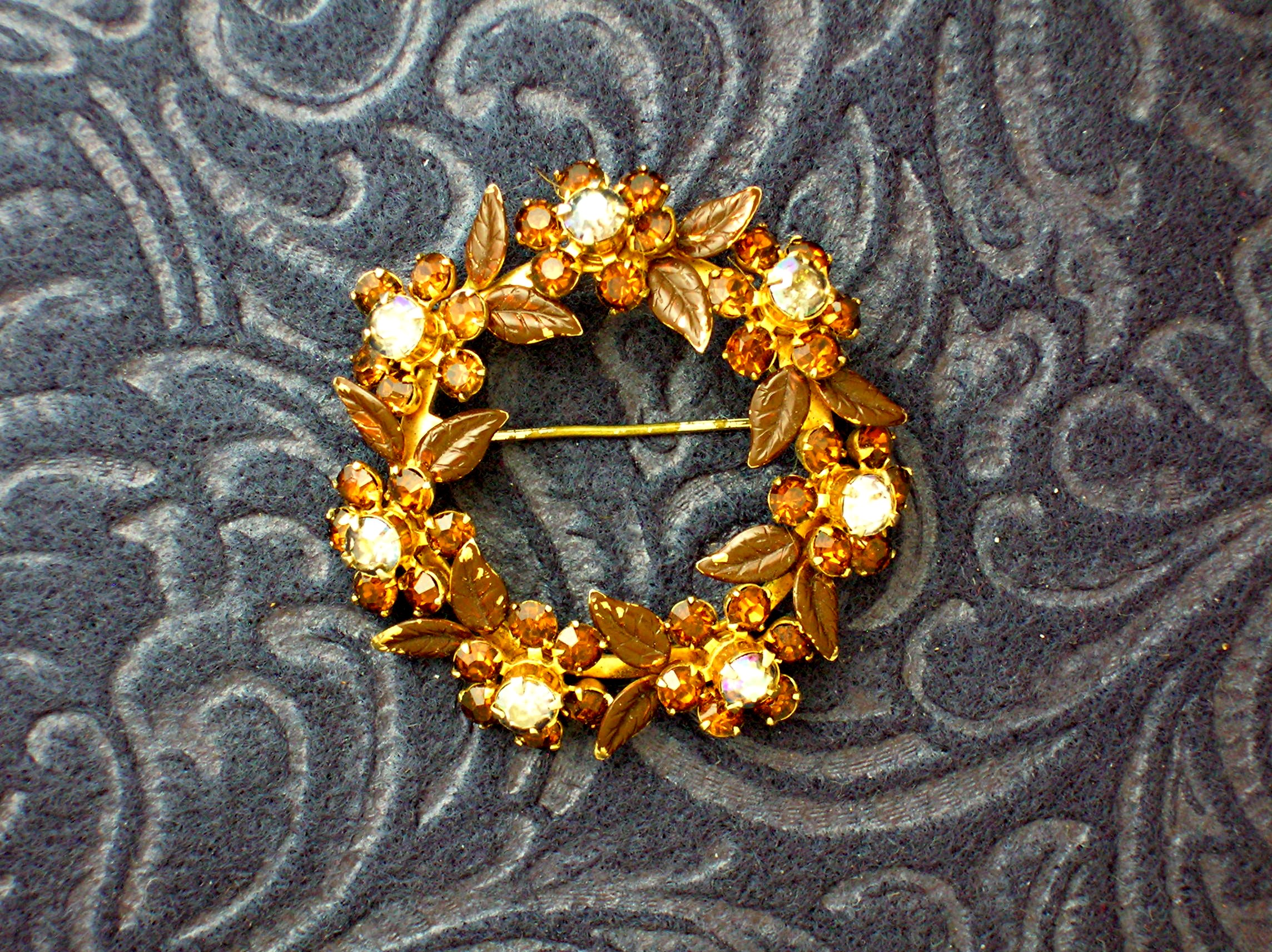 Round Golden Amber Rhinestone Brooch