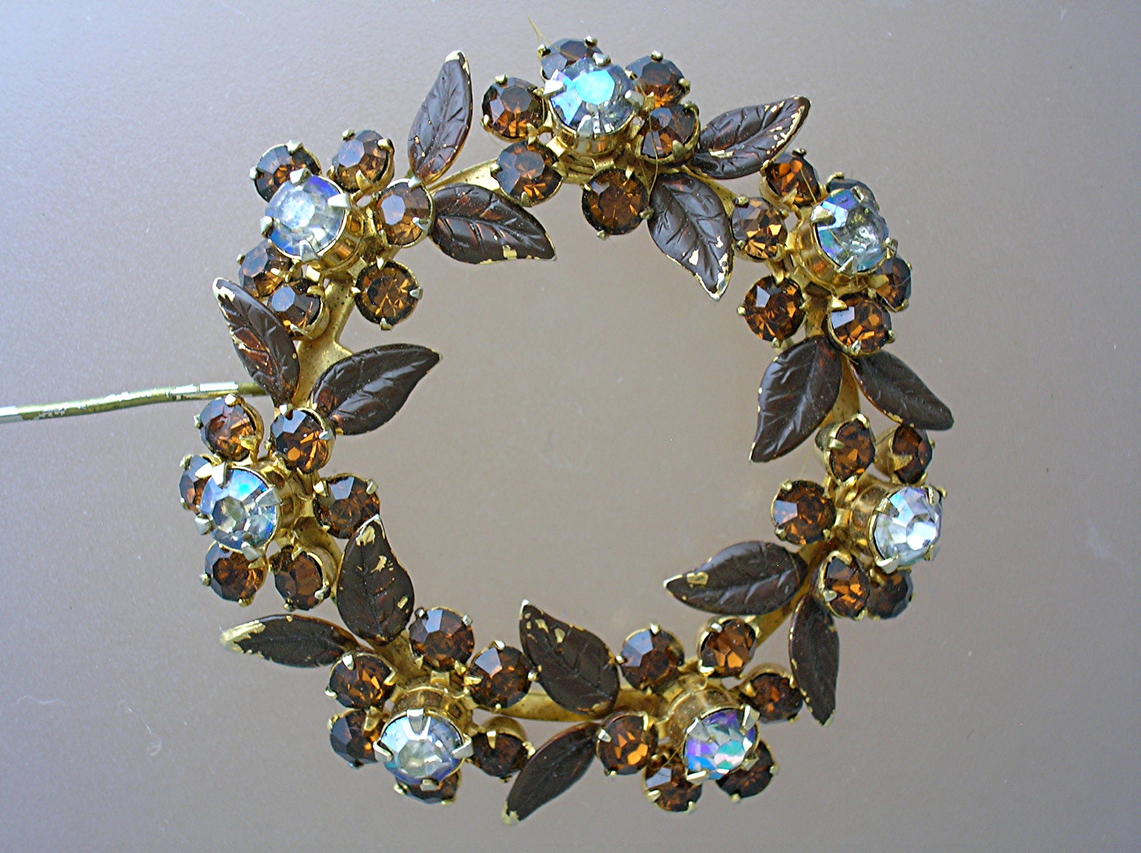 Round Golden Amber Rhinestone Brooch