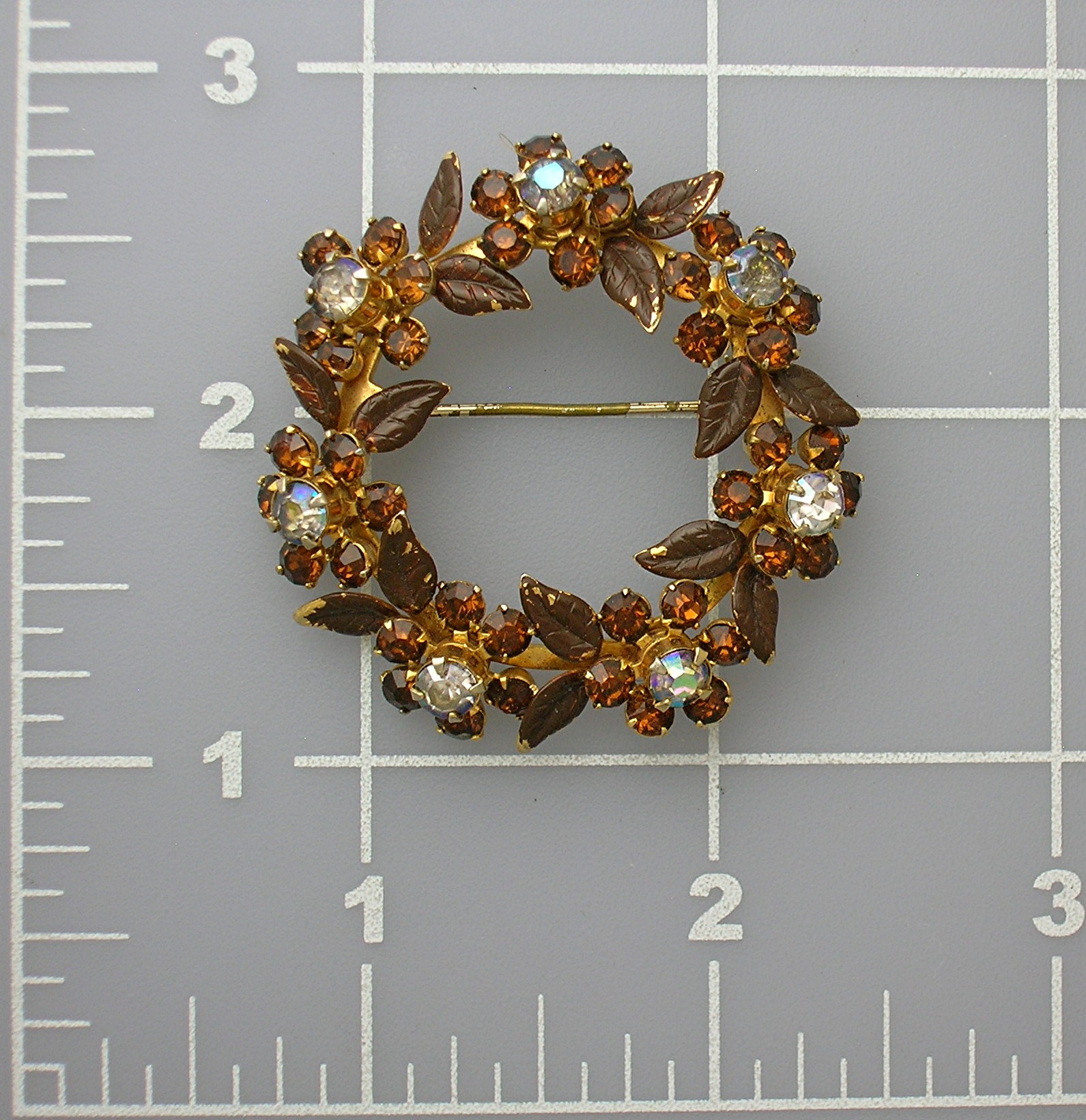 Round Golden Amber Rhinestone Brooch