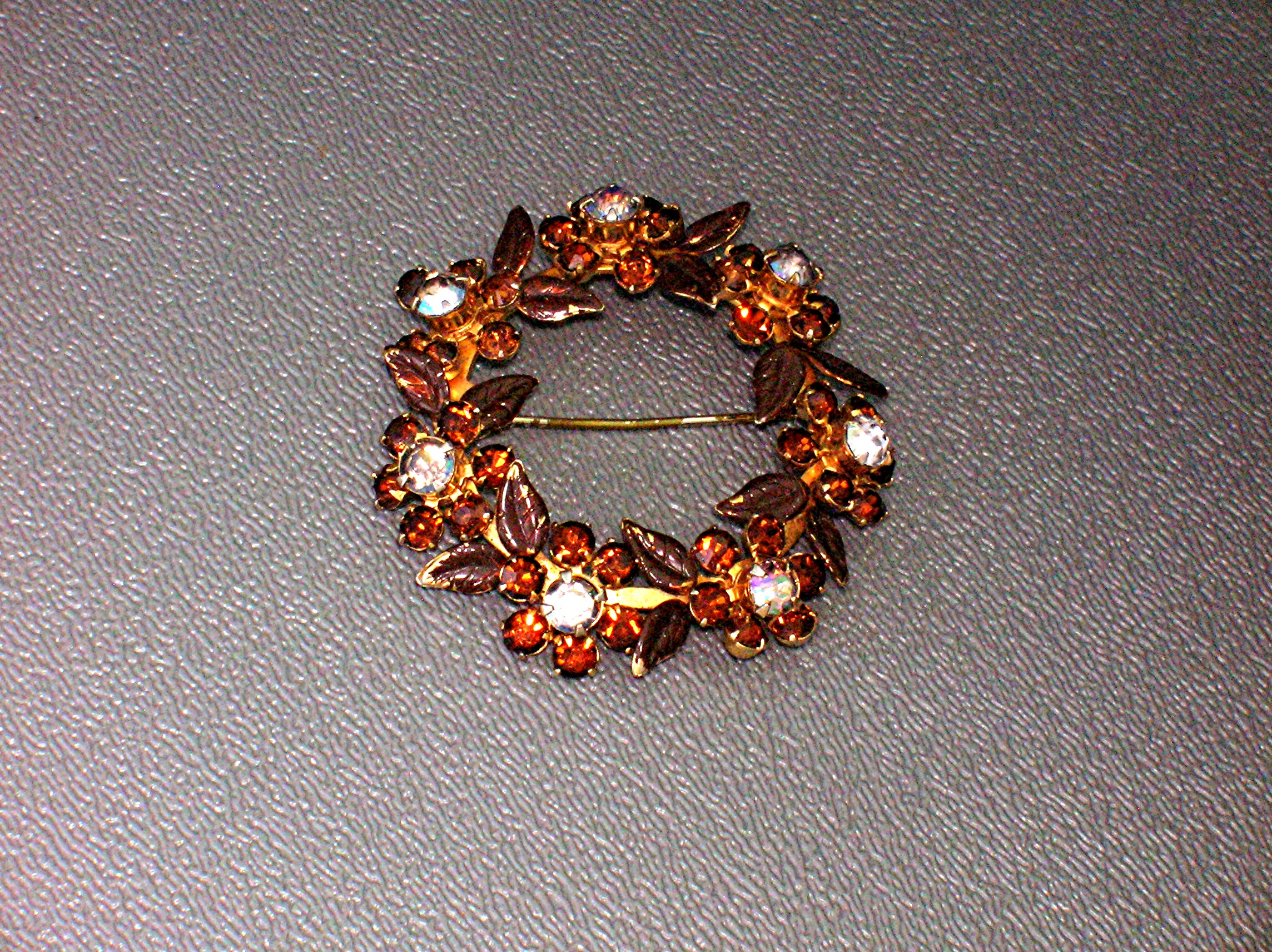 Round Golden Amber Rhinestone Brooch