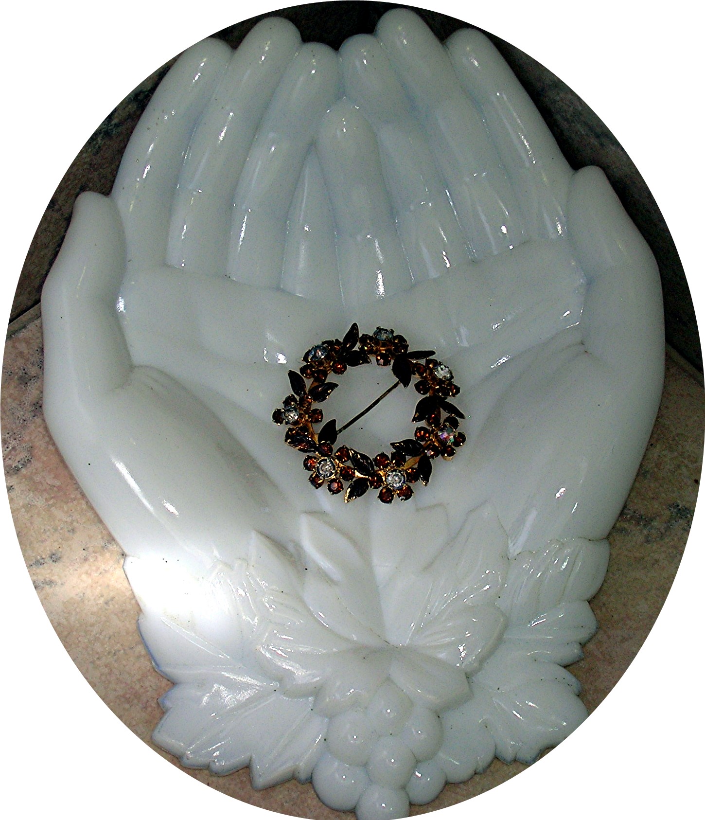 Round Golden Amber Rhinestone Brooch