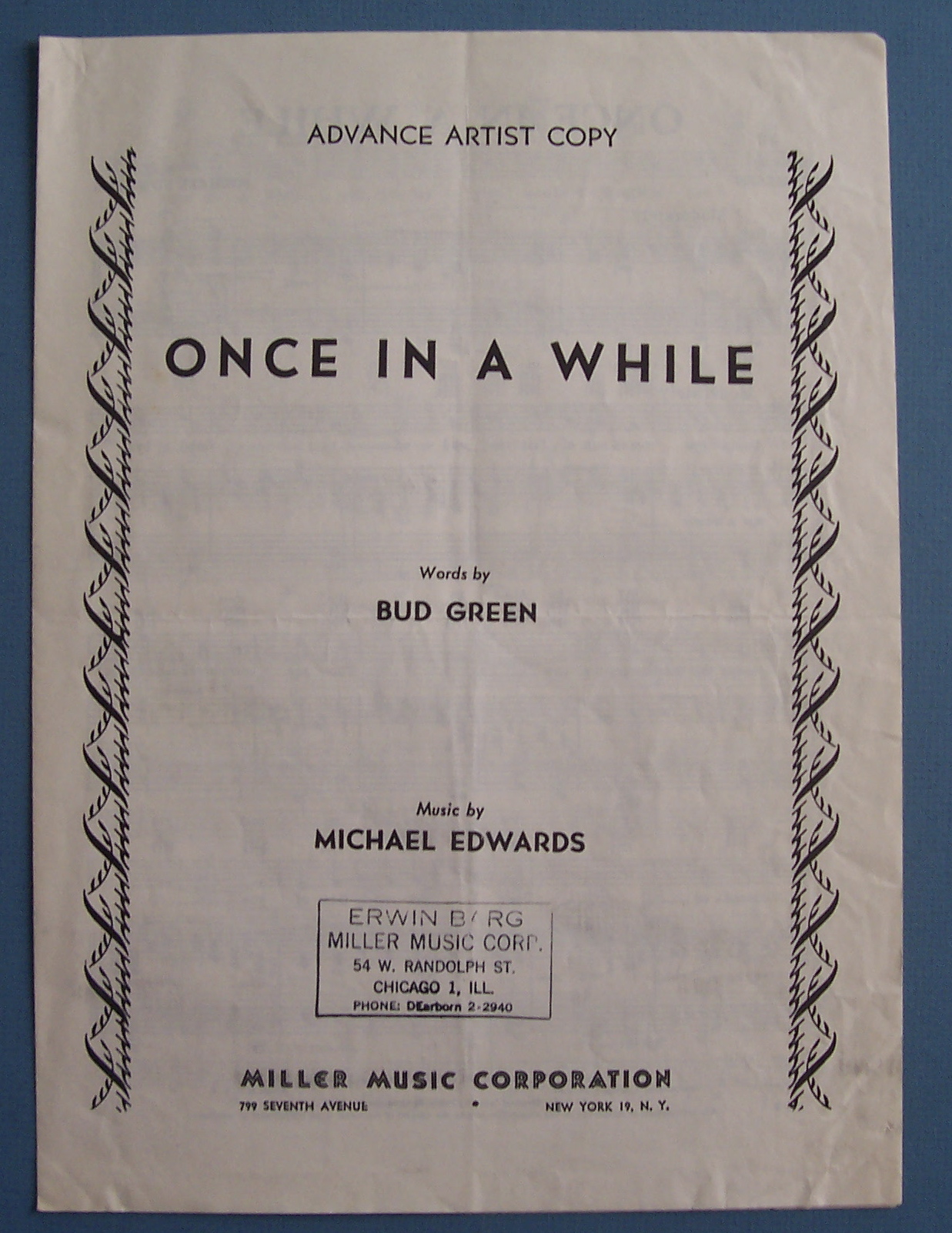 Sheet Music Of 1937 Once In A While-Advance Artist Copy